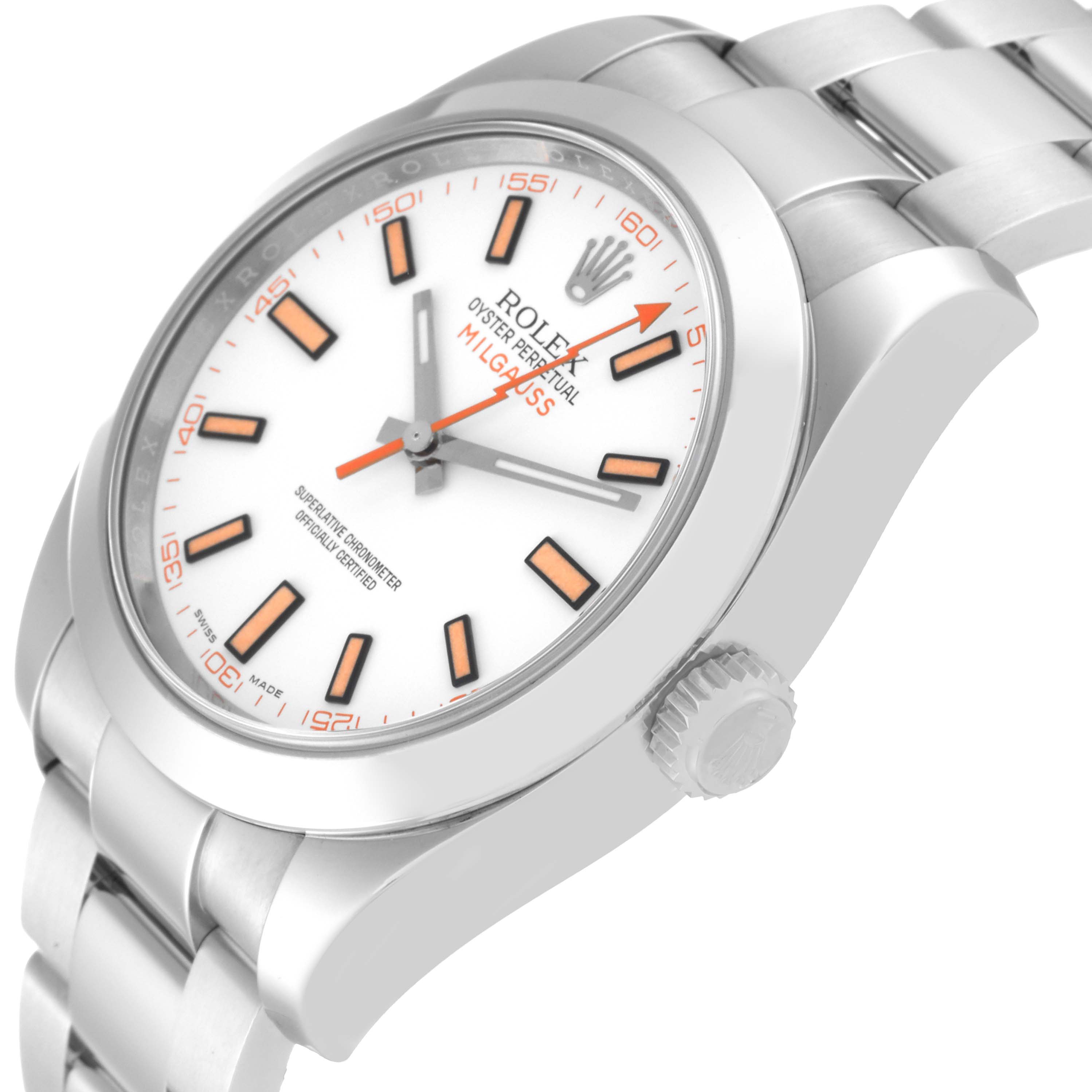 The image shows a close-up, side-angle view of the Rolex Milgauss 116400 Men's Stainless Steel White Dial 116400 Men's Stainless Steel White Dial watch, highlighting the dial, bezel, crown, and bracelet.