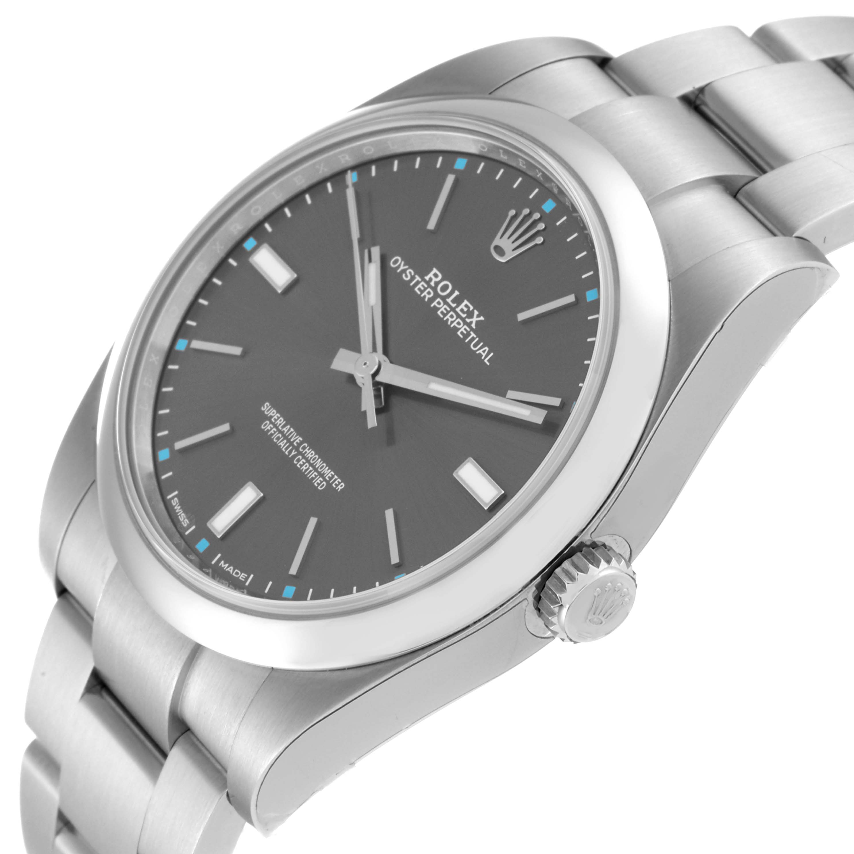 This image shows the Rolex Oyster Perpetual 114300 Men's Stainless Steel Grey Dial 114300 Men's Stainless Steel Grey Dial watch at a slight side angle, highlighting the face, crown, and part of the bracelet.