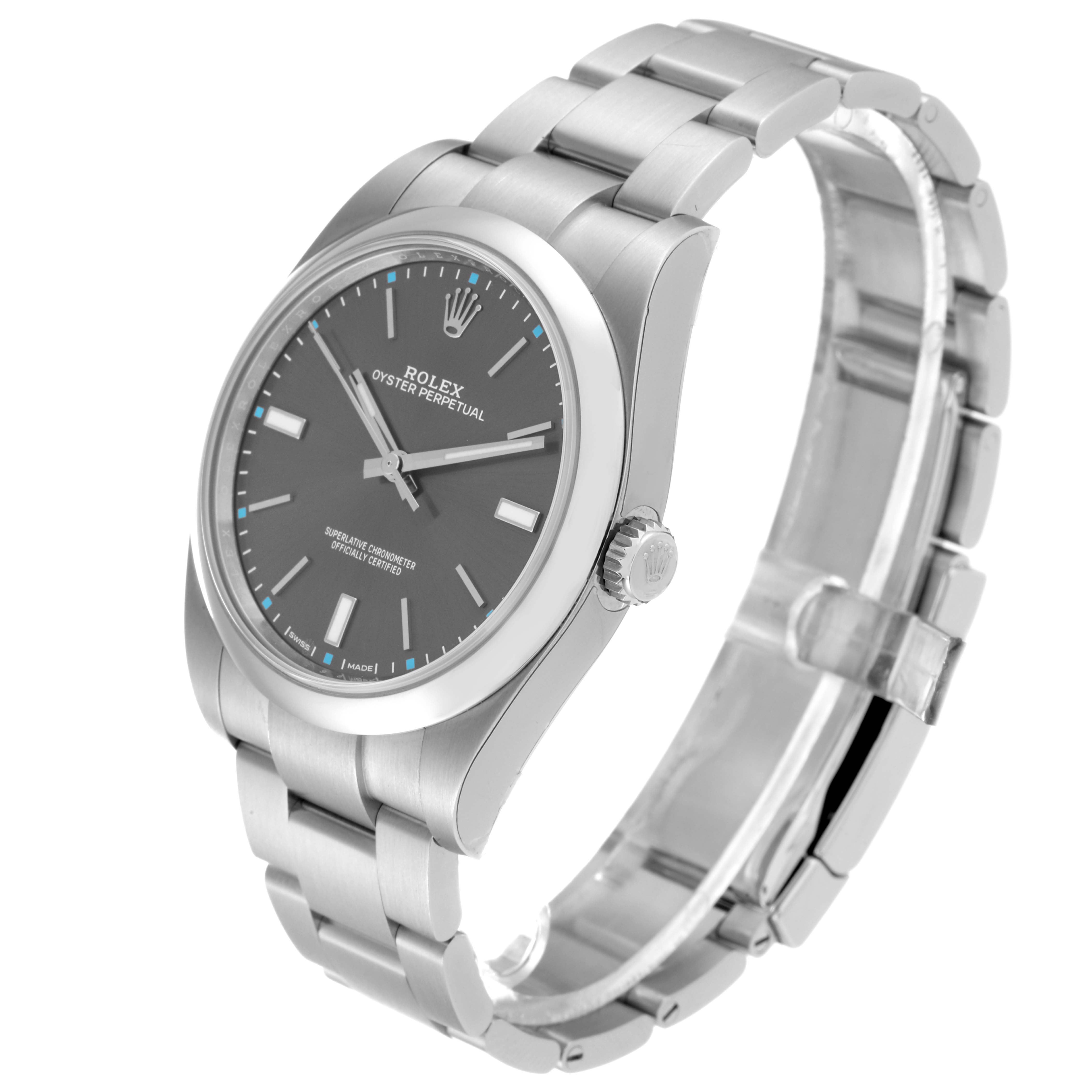 A Rolex Oyster Perpetual 114300 Men's Stainless Steel Grey Dial 114300 Men's Stainless Steel Grey Dial watch is shown at an angled view, displaying the dial, bezel, crown, and bracelet.