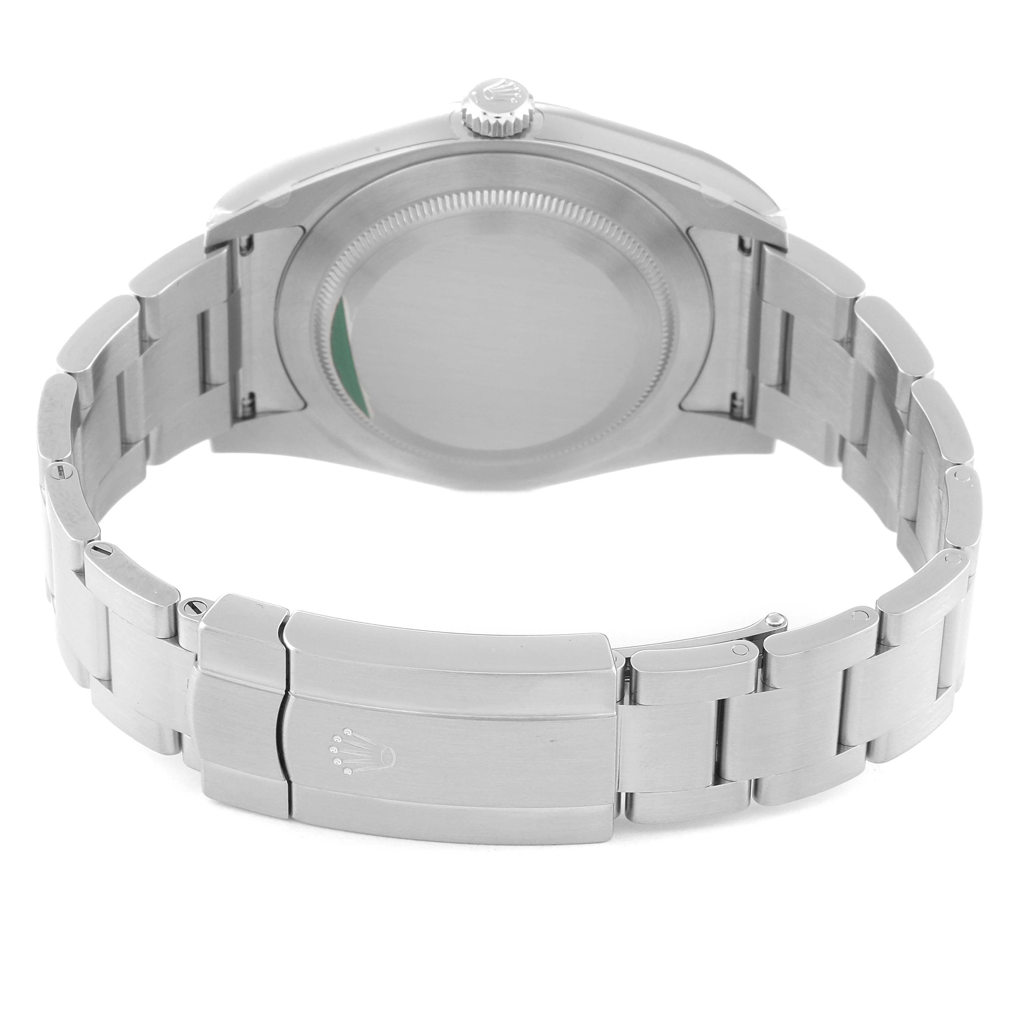 This image shows the back view of a Rolex Oyster Perpetual 114300 Men's Stainless Steel Grey Dial 114300 Men's Stainless Steel Grey Dial watch, highlighting the case back and bracelet with clasp.