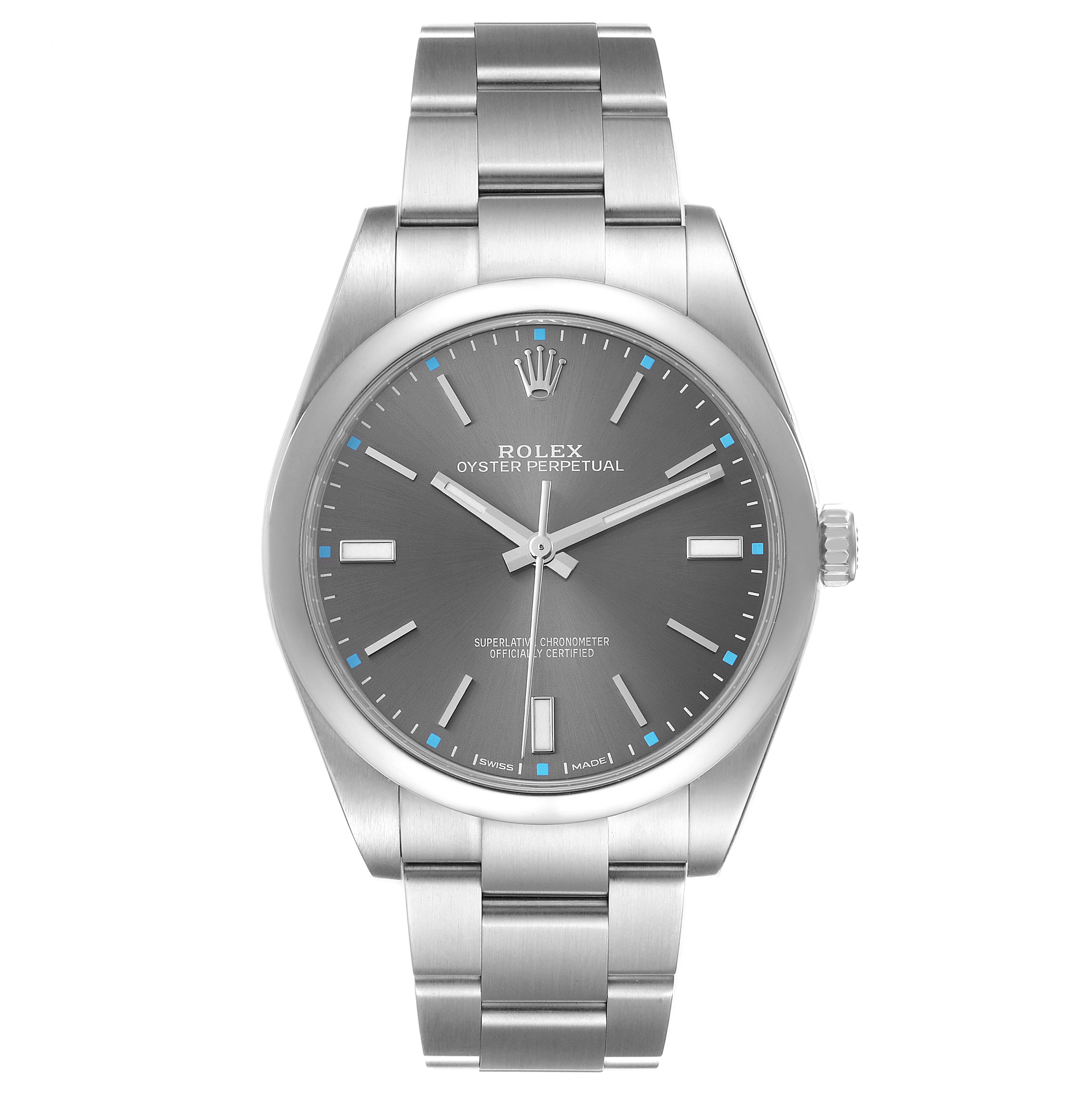 The image shows a front view of a Rolex Oyster Perpetual 114300 Men's Stainless Steel Grey Dial 114300 Men's Stainless Steel Grey Dial watch, displaying the dial, crown, and bracelet.