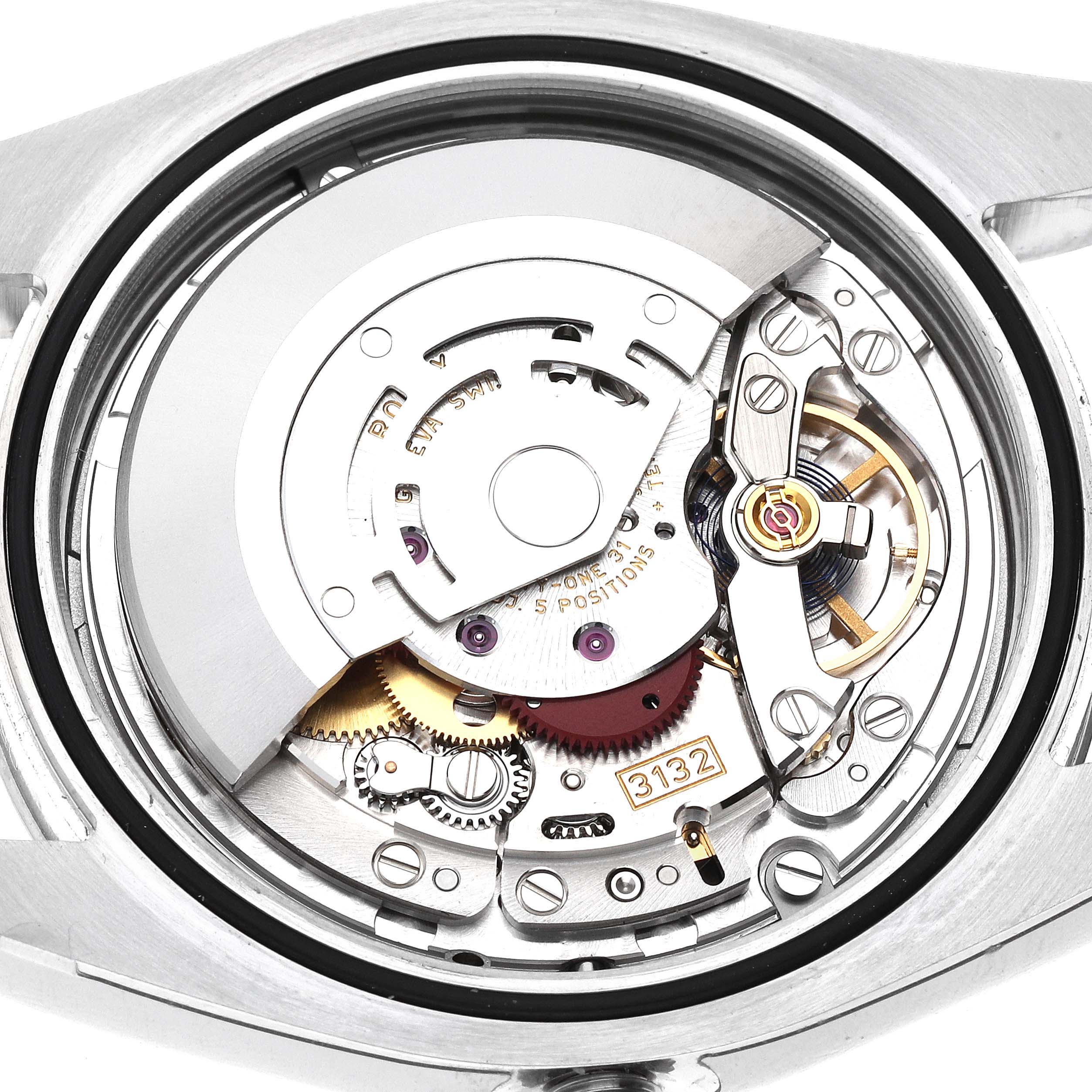This image shows the inner mechanism and components of the Rolex Oyster Perpetual 114300 Men's Stainless Steel Grey Dial 114300 Men's Stainless Steel Grey Dial watch, viewed from the back.
