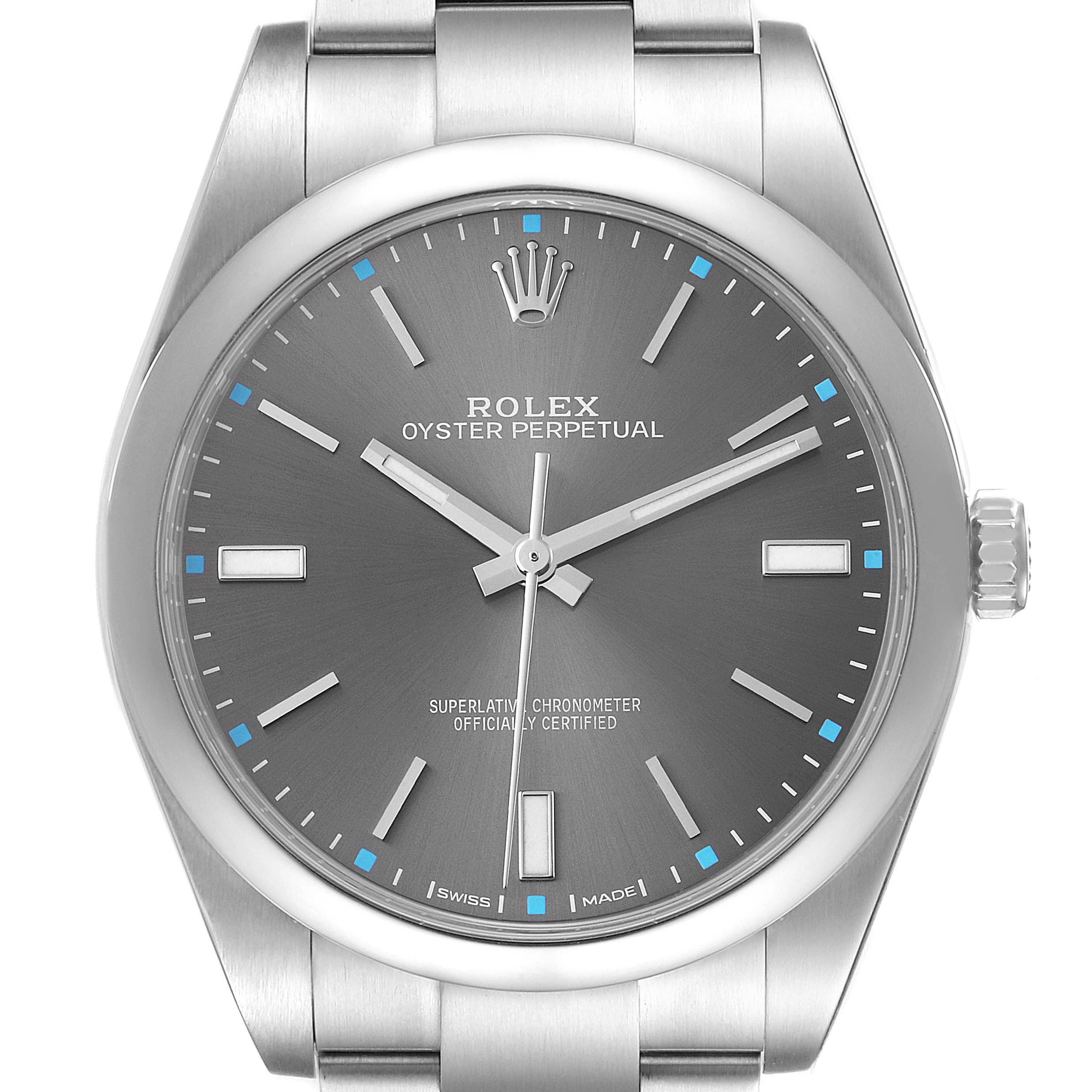 The Rolex Oyster Perpetual 114300 Men's Stainless Steel Grey Dial 114300 Men's Stainless Steel Grey Dial watch is shown from a front angle, displaying its face, case, and part of the bracelet.