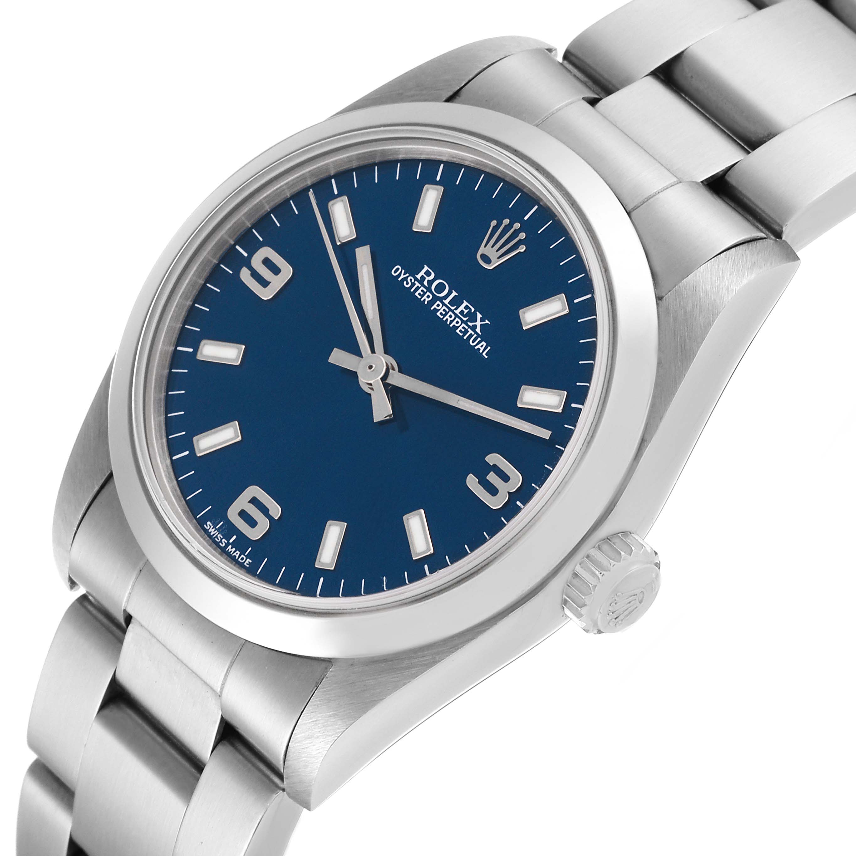 The image shows a close-up, angled view of the Rolex Oyster Perpetual Mid-Size watch, displaying the dial, crown, and bracelet.