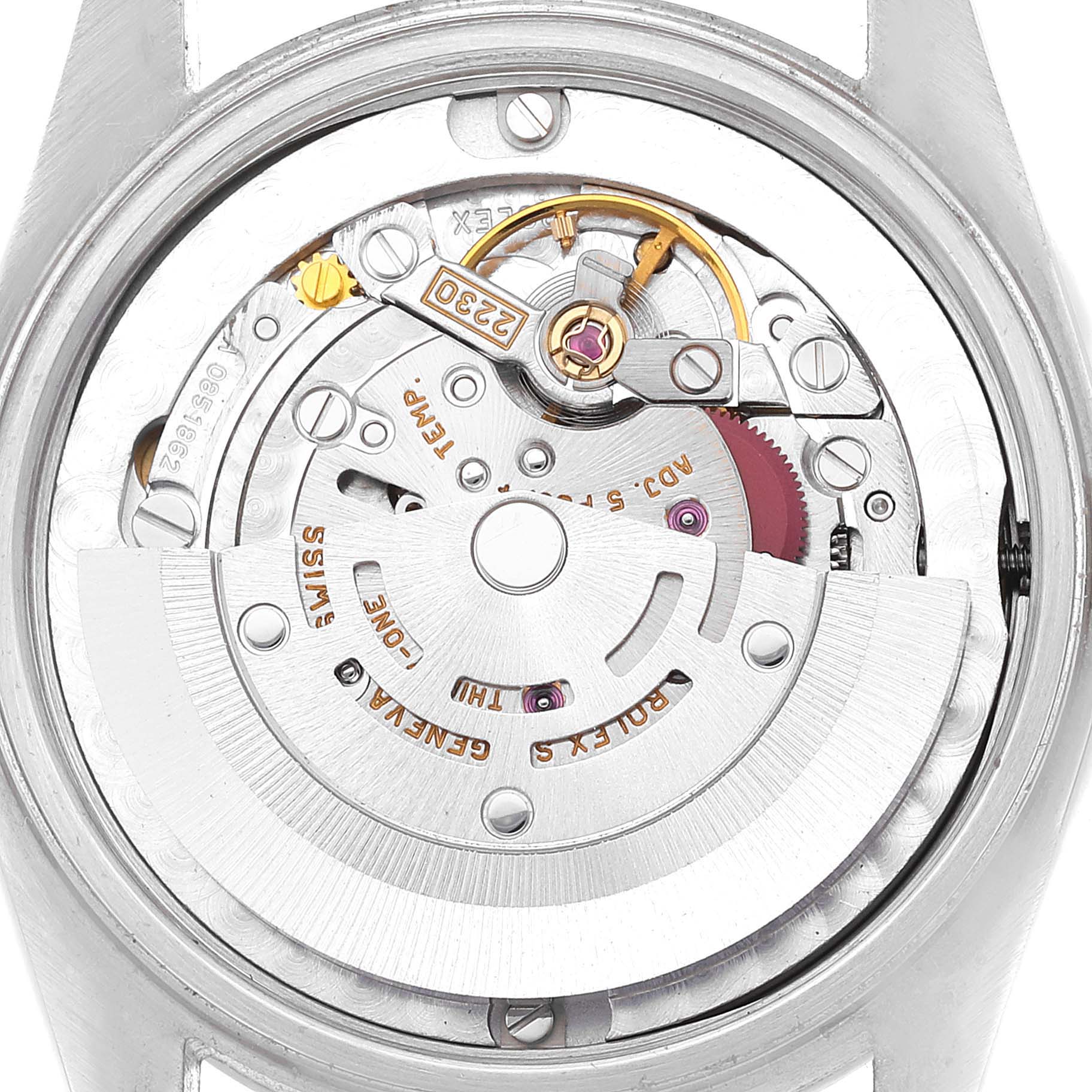 This image shows a close-up of the movement mechanism inside a Rolex Mid-Size 77080 Women's Stainless Steel Blue Dial 77080 Women's Stainless Steel Blue Dial model, focusing on the intricate parts and gears.