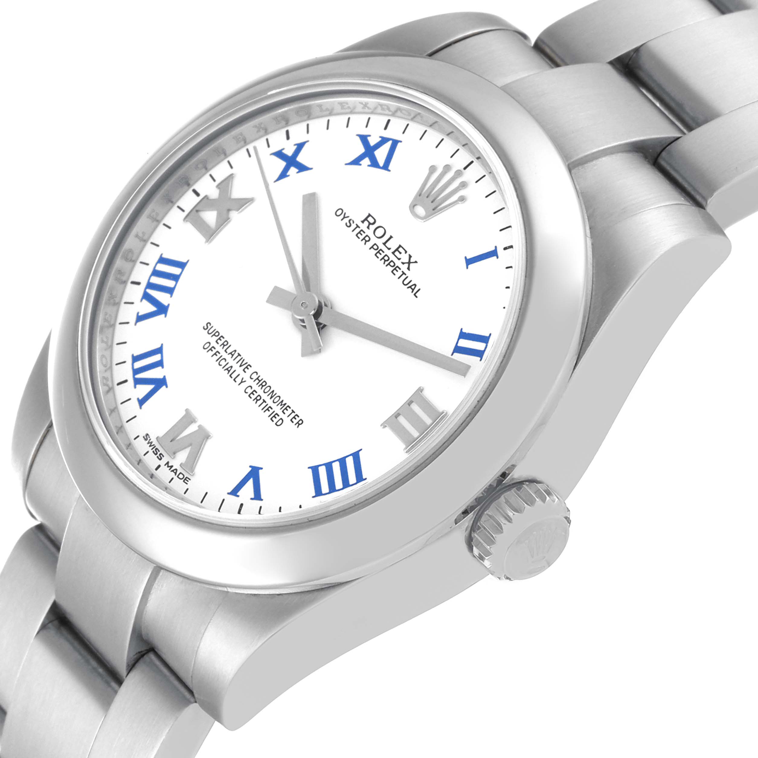 This Rolex Mid-Size 177200 Women
s Stainless Steel White Dial 177200 Women
s Stainless Steel White Dial model watch is shown from an angled view, highlighting its face, case, crown, and a portion of the bracelet.