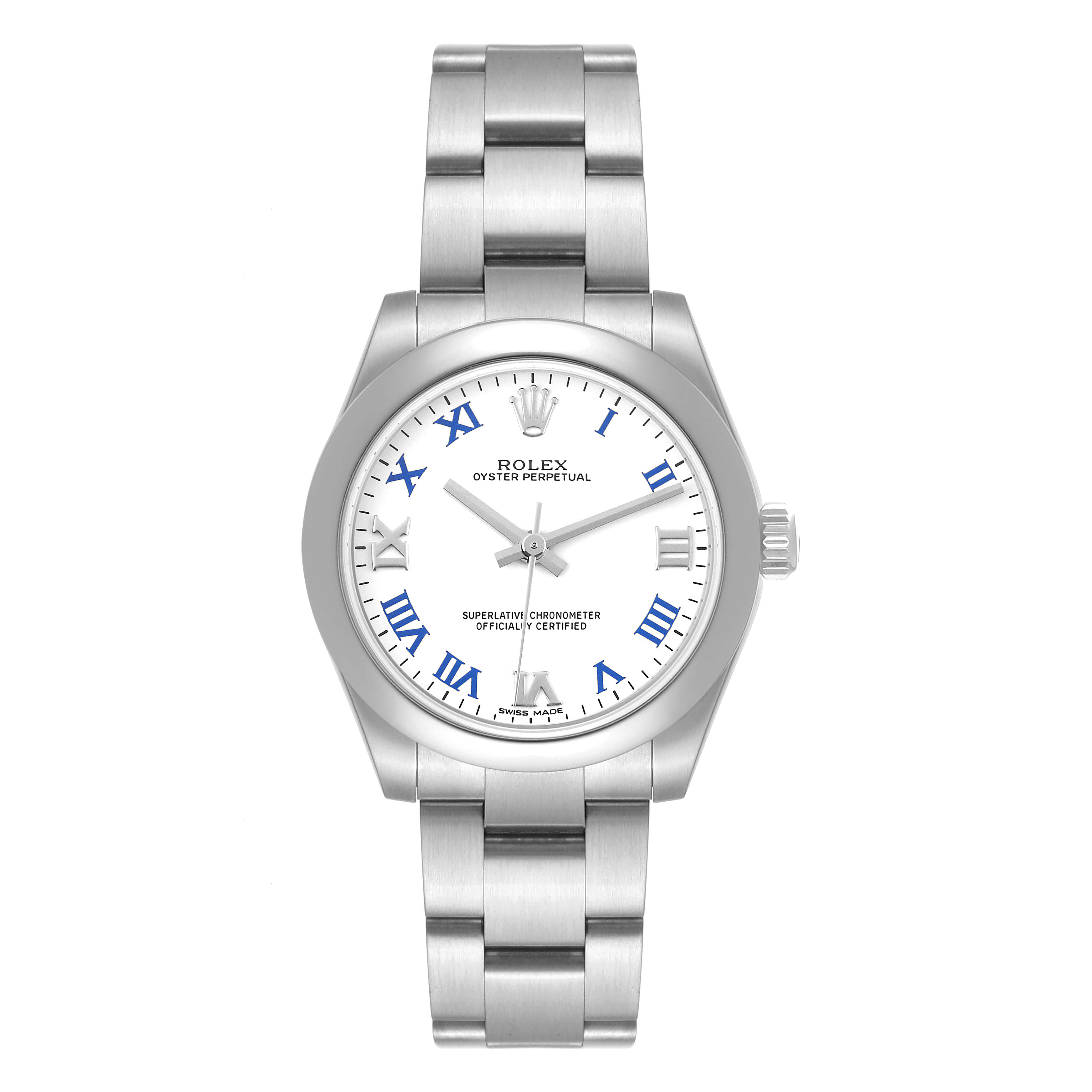This image shows a front view of a Rolex Mid-Size 177200 Women
s Stainless Steel White Dial 177200 Women
s Stainless Steel White Dial Oyster Perpetual watch with a stainless steel bracelet and a white dial.