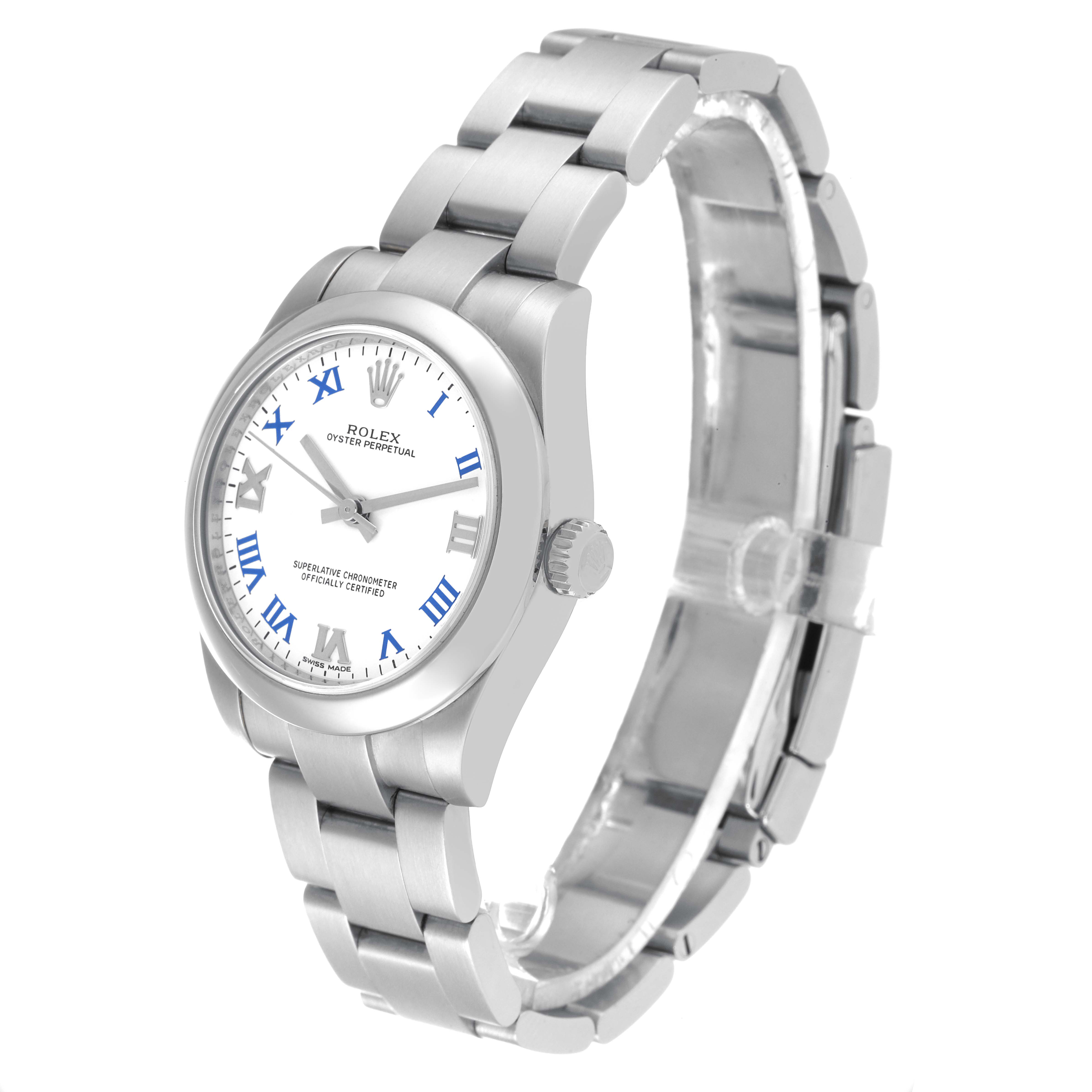 The image shows a side angle of a Rolex Mid-Size 177200 Women
s Stainless Steel White Dial 177200 Women
s Stainless Steel White Dial watch, capturing the dial, bezel, crown, and bracelet.