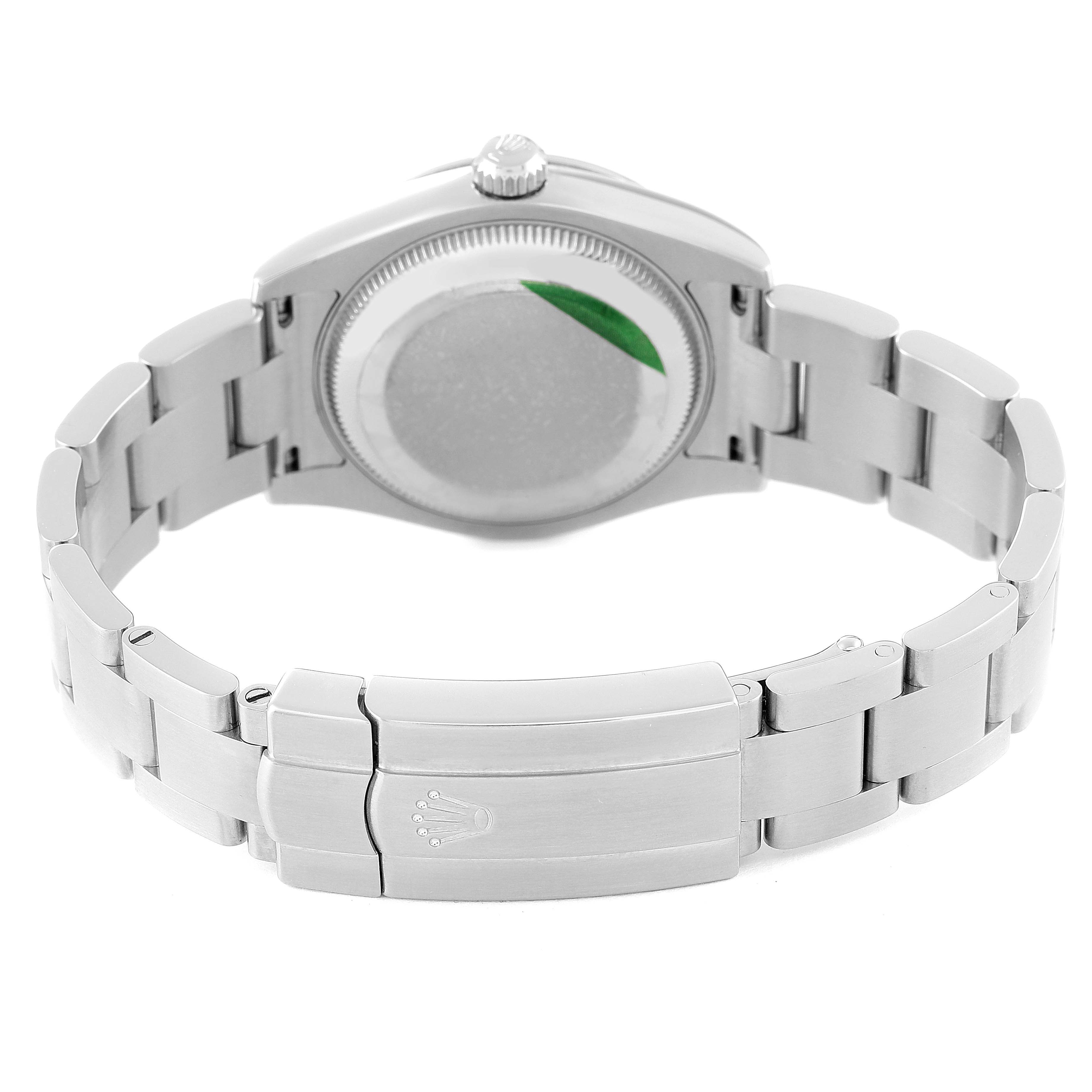 This image shows the back view of a Rolex Mid-Size 177200 Women
s Stainless Steel White Dial 177200 Women
s Stainless Steel White Dial model watch, including the case back and bracelet with the clasp.