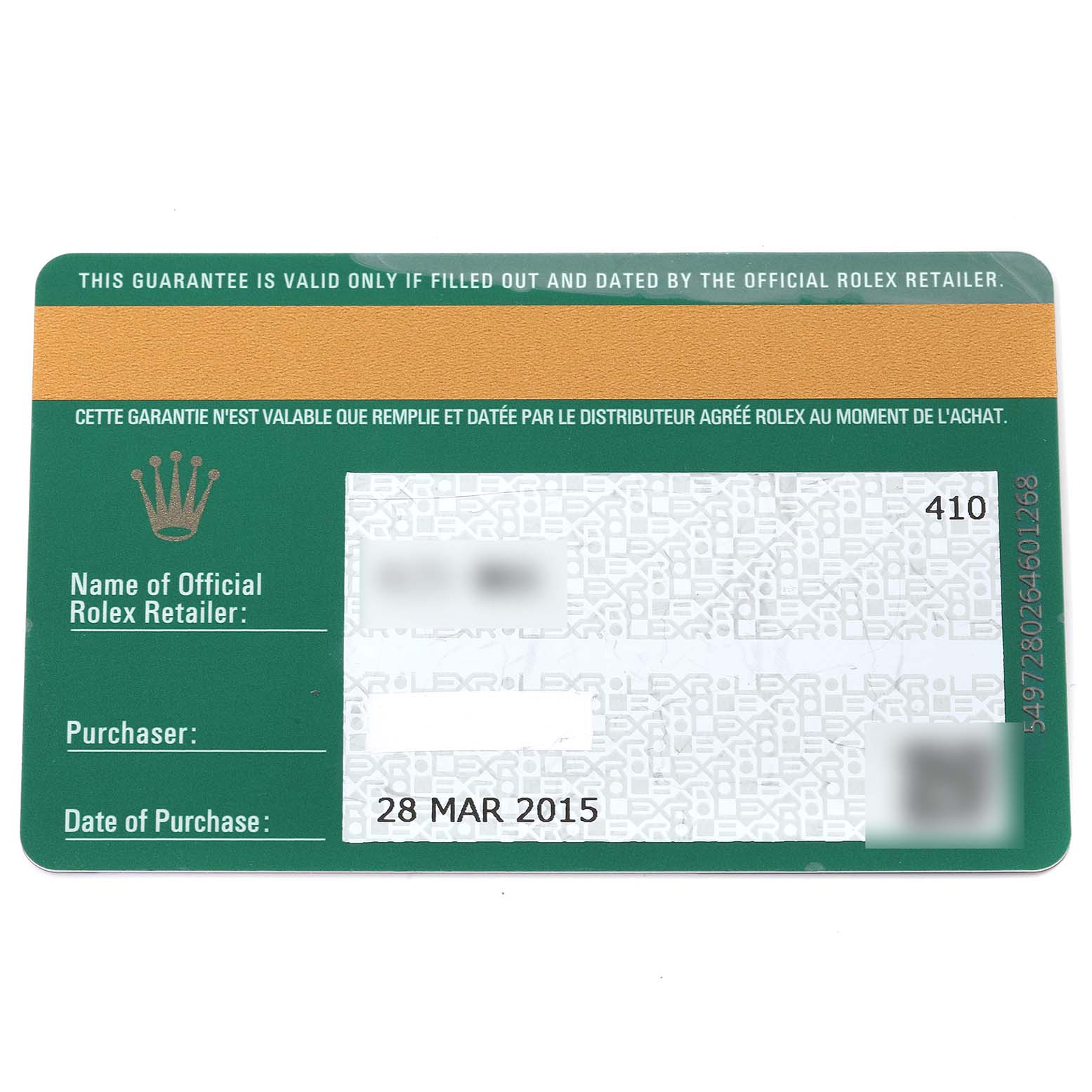 The image shows the official guarantee card for a Mid-Size Rolex watch, featuring retailer and purchase information.