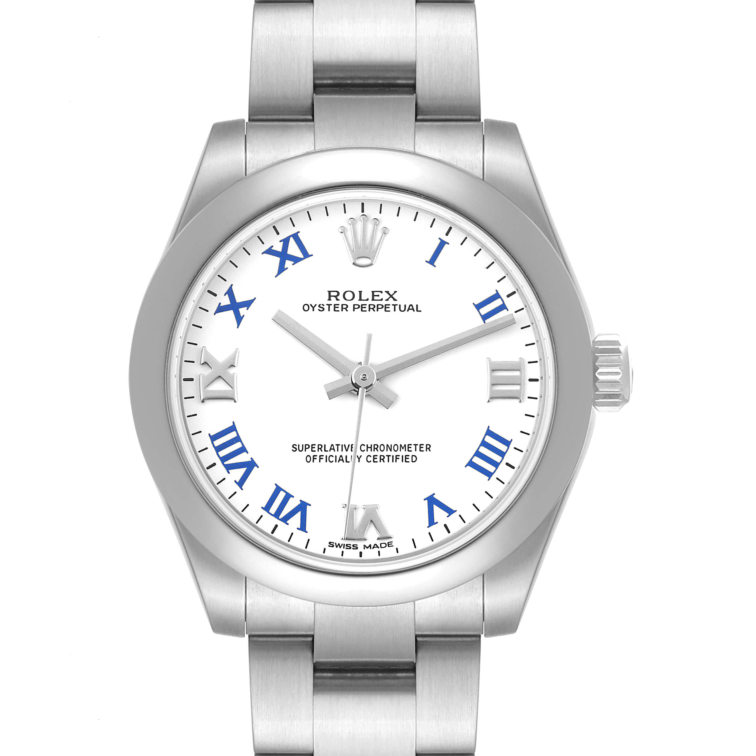 The image shows a front-facing view of a Rolex Oyster Perpetual Mid-Size watch, displaying the dial, bezel, and bracelet.