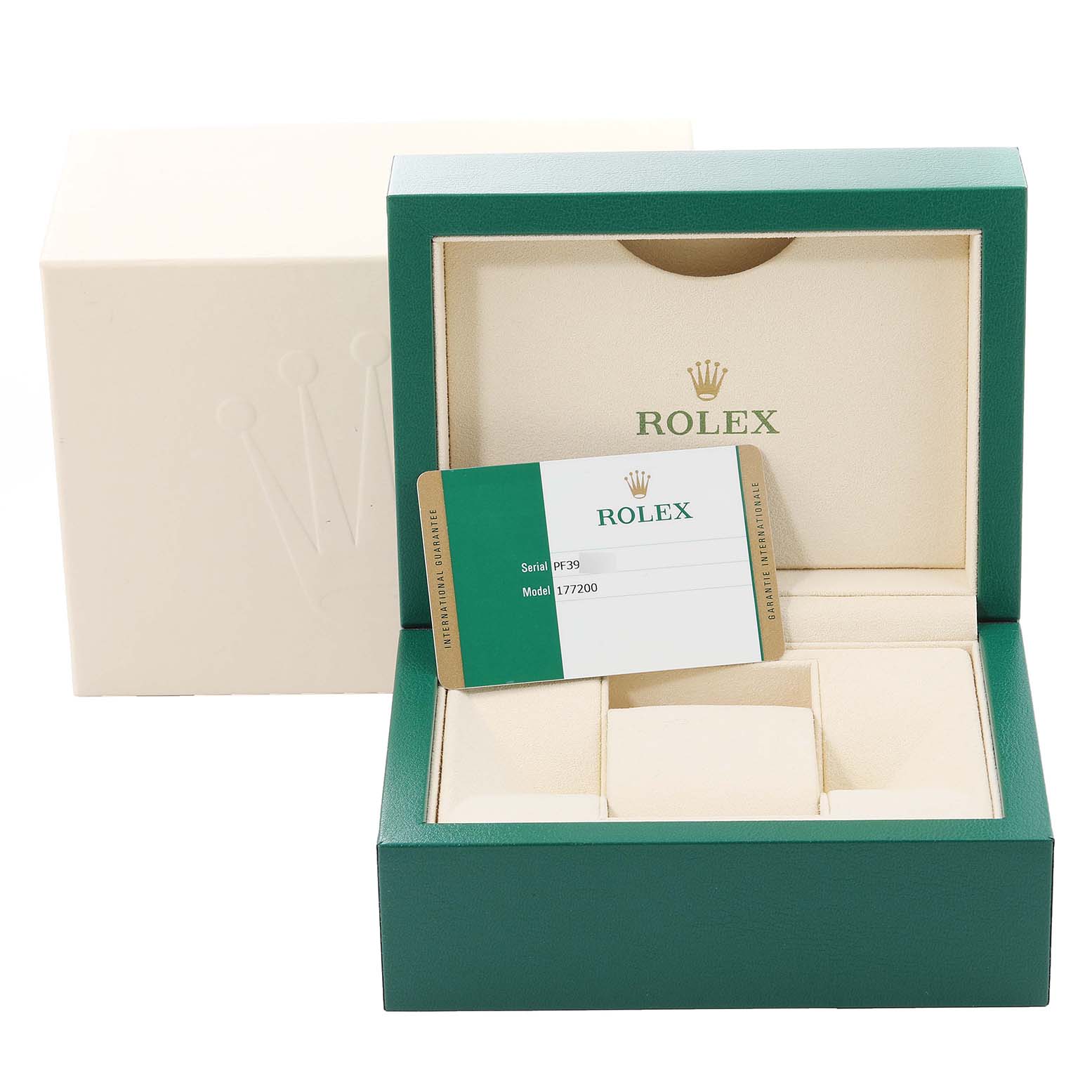 The image shows the box and guarantee card of a Rolex Mid-Size 177200 Women
s Stainless Steel White Dial 177200 Women
s Stainless Steel White Dial model watch, displayed at an angled front view.