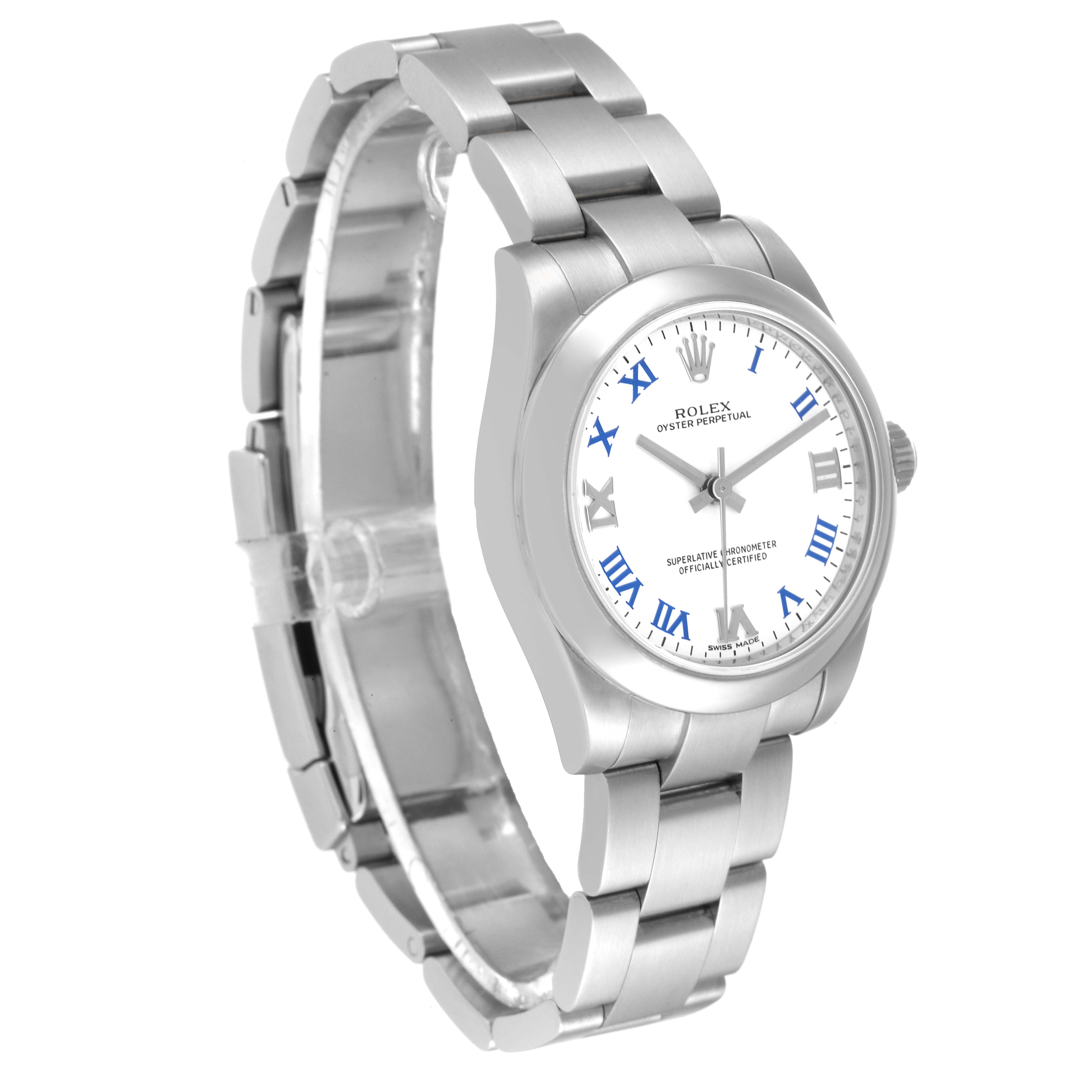 This image shows a stainless steel Rolex Mid-Size 177200 Women
s Stainless Steel White Dial 177200 Women
s Stainless Steel White Dial Oyster Perpetual watch at a three-quarter angle, highlighting the bracelet and watch face.
