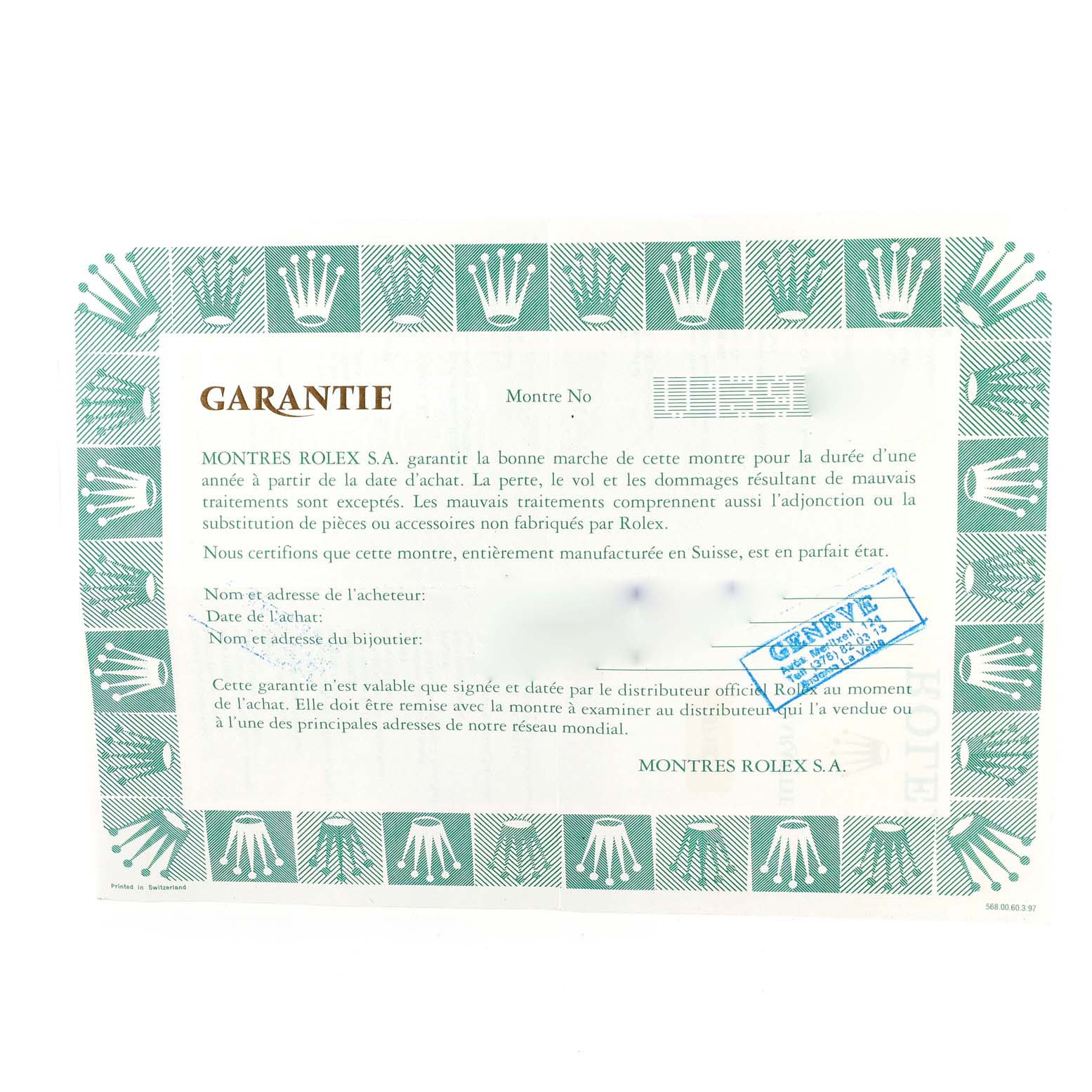 This image shows the warranty certificate for a Rolex Oyster Perpetual 67180 Women's Stainless Steel Blue Dial 67180 Women's Stainless Steel Blue Dial watch.