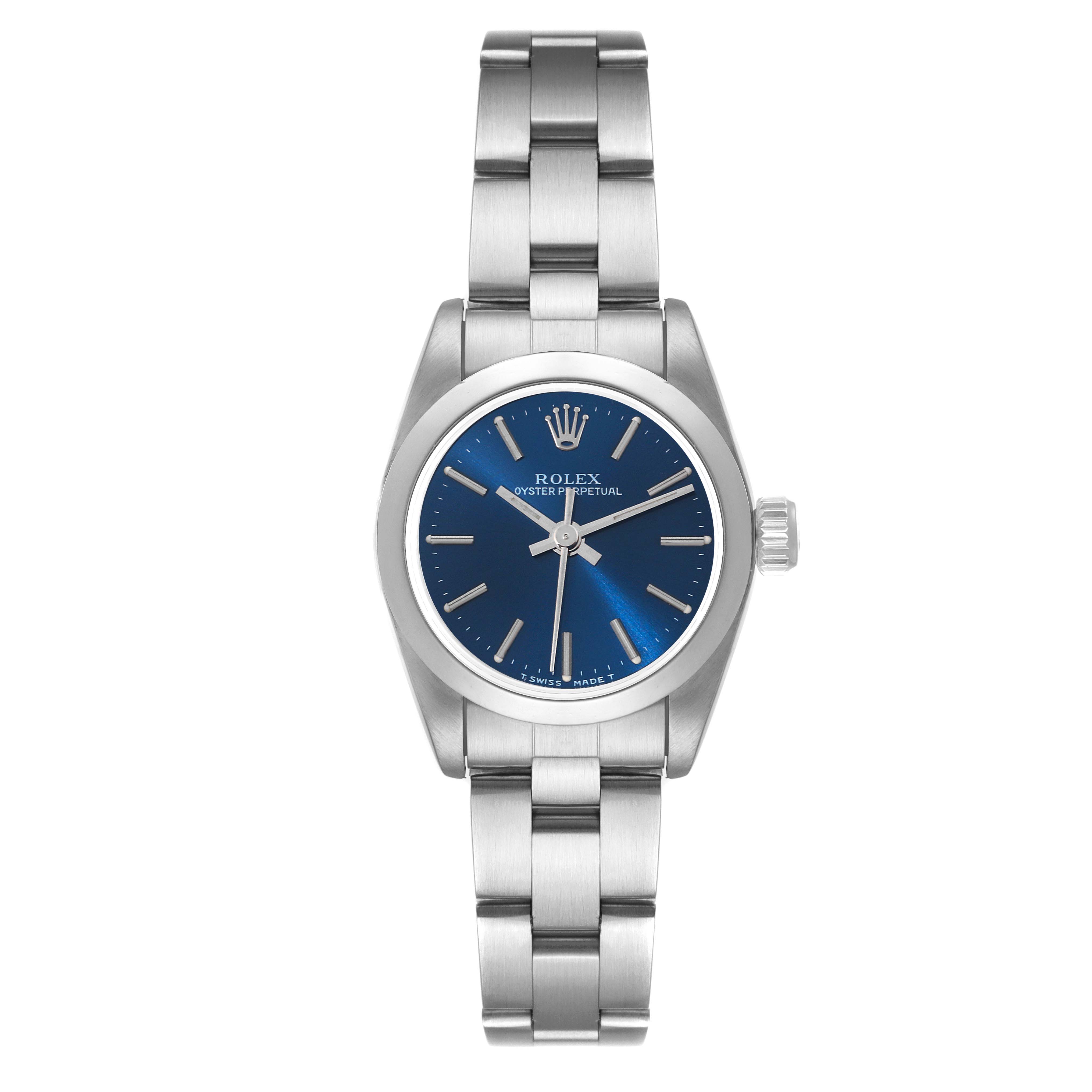 The image shows a front view of a Rolex Oyster Perpetual 67180 Women's Stainless Steel Blue Dial 67180 Women's Stainless Steel Blue Dial watch, featuring a blue dial, silver hands, and a stainless steel bracelet.