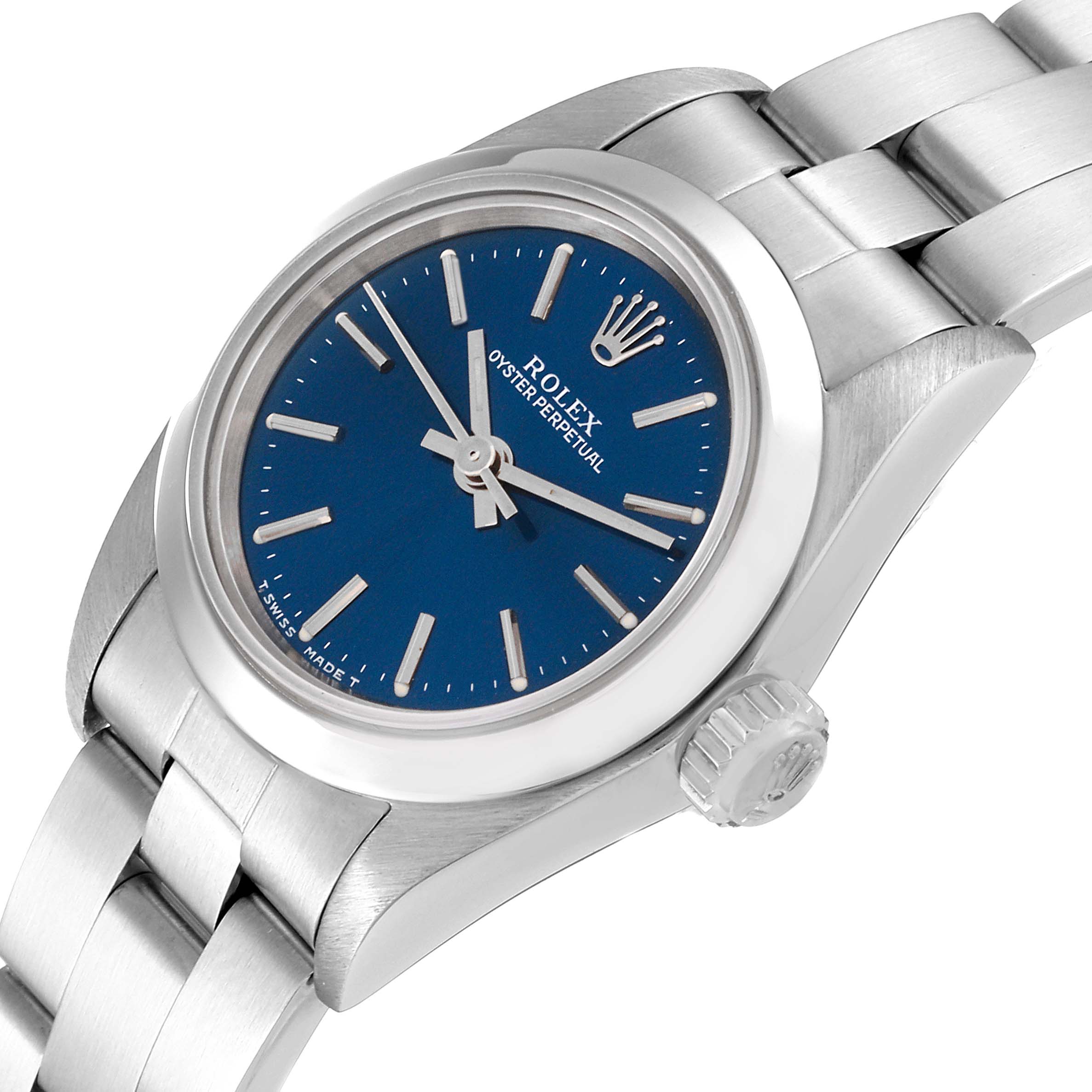 The image shows a side angle of a Rolex Oyster Perpetual 67180 Women's Stainless Steel Blue Dial 67180 Women's Stainless Steel Blue Dial watch, highlighting its blue dial, case, crown, and part of the bracelet.