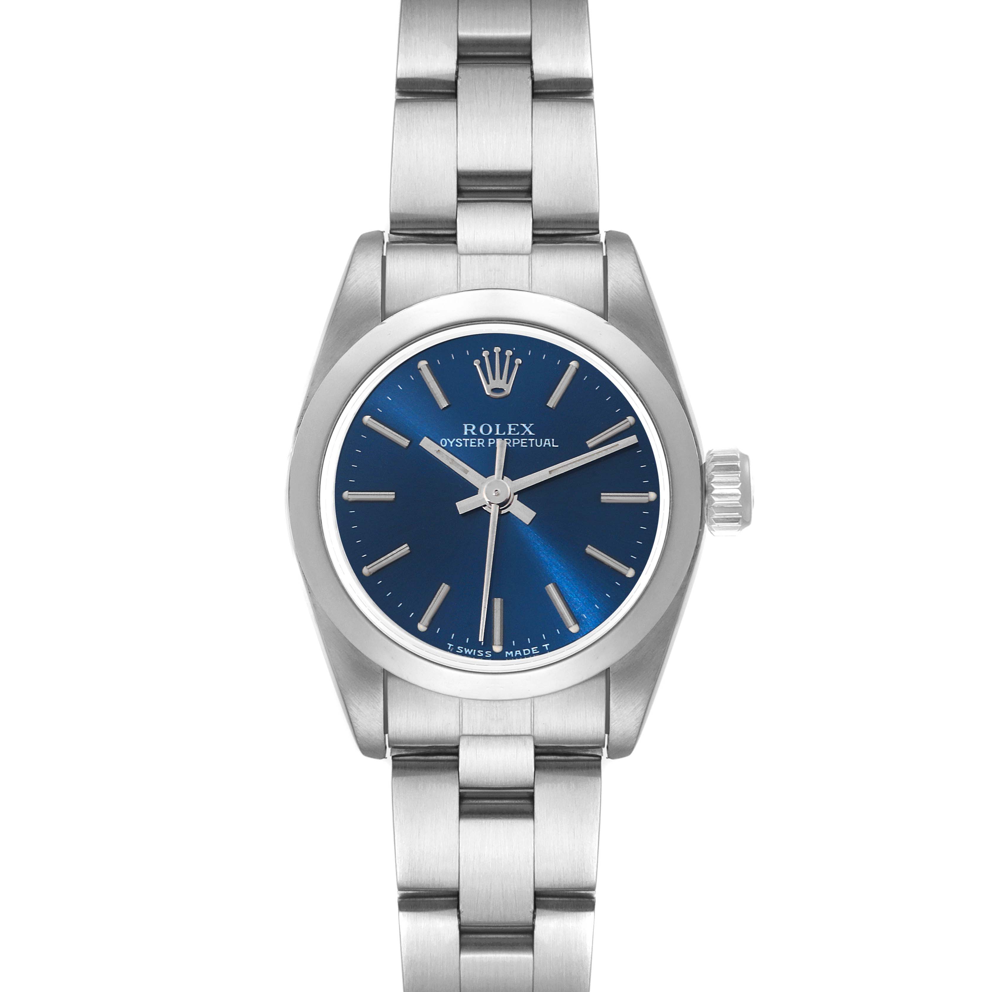 This image shows a front view of a Rolex Oyster Perpetual 67180 Women's Stainless Steel Blue Dial 67180 Women's Stainless Steel Blue Dial watch with a blue dial and stainless steel bracelet.