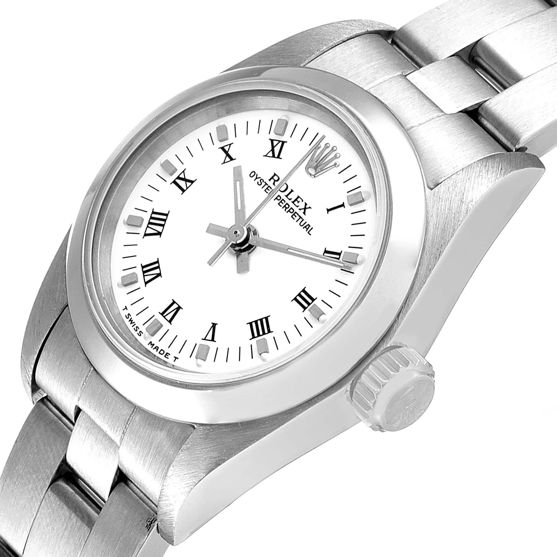 The image shows a top angled view of a Rolex Oyster Perpetual 67180 Women's Stainless Steel White Dial 67180 Women's Stainless Steel White Dial watch highlighting the face, bezel, and part of the bracelet.