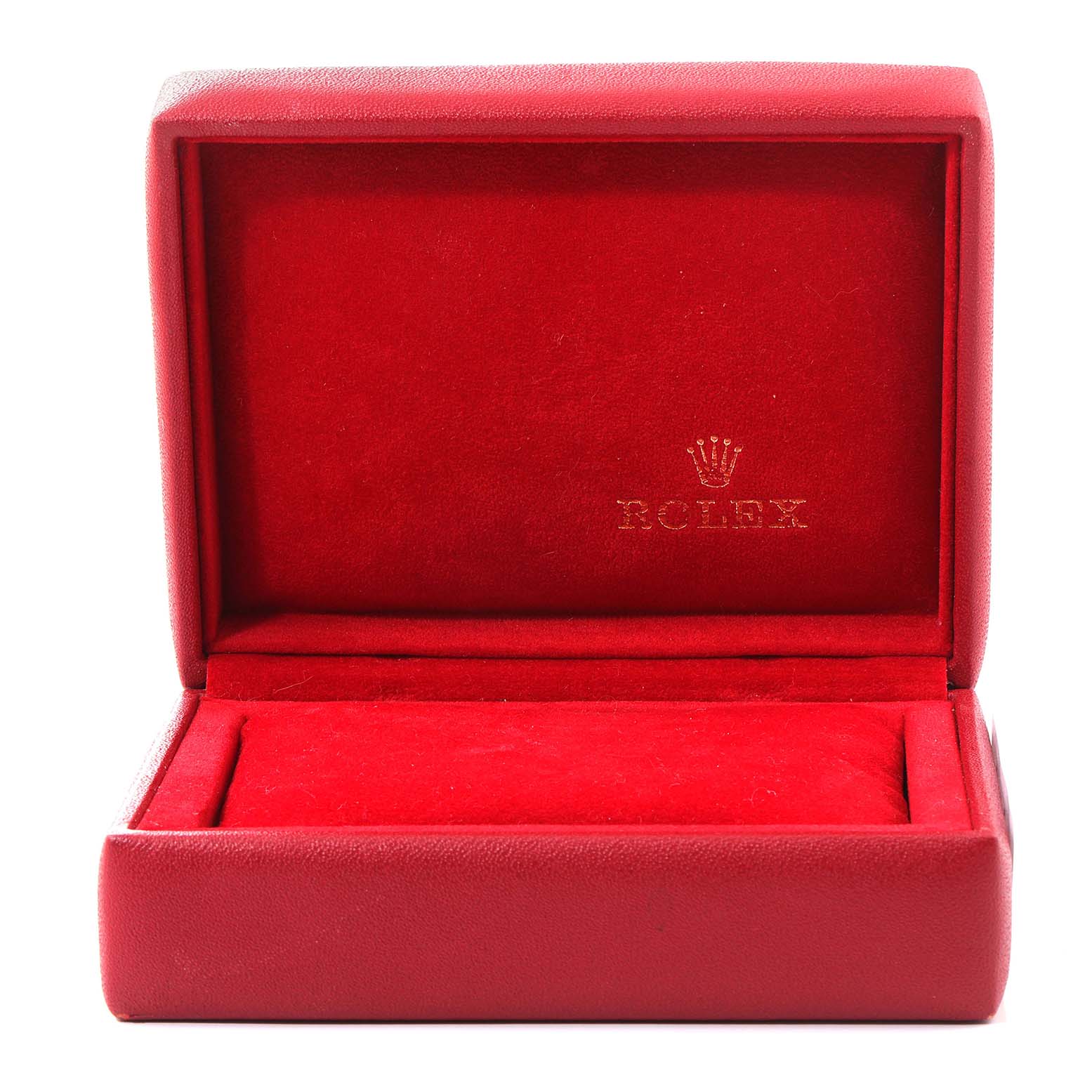 This image shows an open red Rolex box for the Oyster Perpetual model, displaying its interior without the watch.