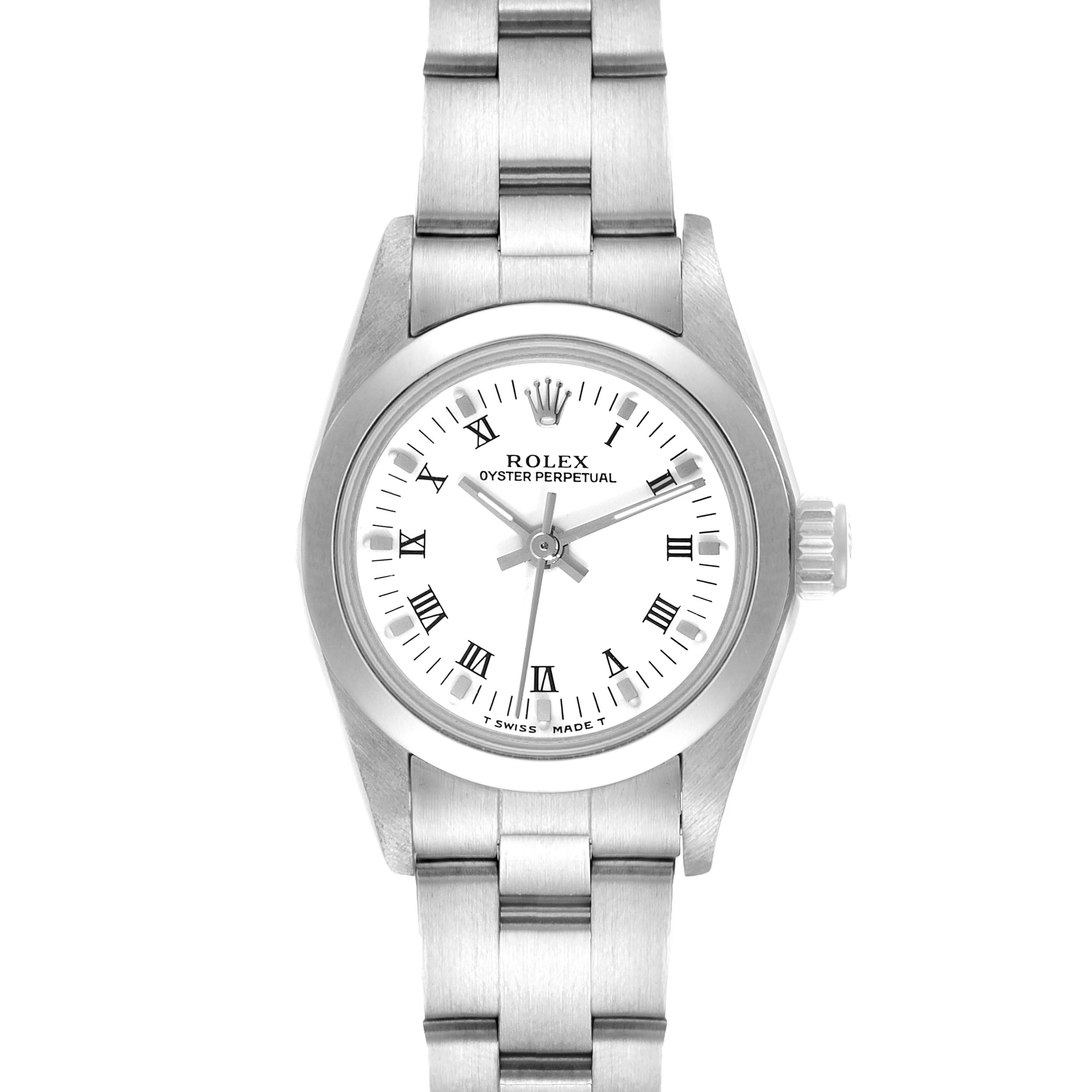 This image shows a front-facing view of a Rolex Oyster Perpetual 67180 Women's Stainless Steel White Dial 67180 Women's Stainless Steel White Dial watch, displaying its face, bezel, and part of the bracelet.