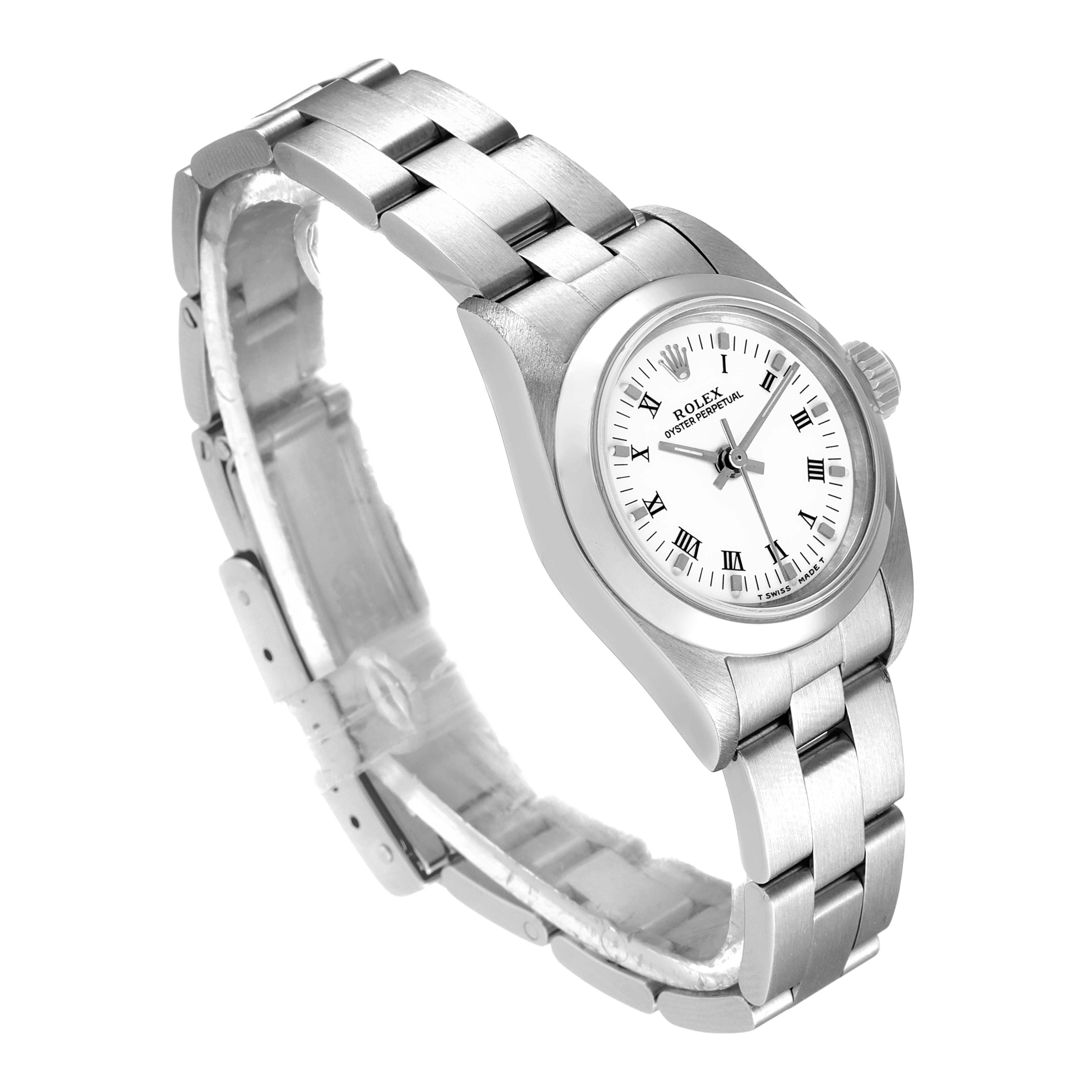The image shows a Rolex Oyster Perpetual 67180 Women's Stainless Steel White Dial 67180 Women's Stainless Steel White Dial watch at an oblique angle, highlighting its bracelet, crown, and dial with Roman numerals.
