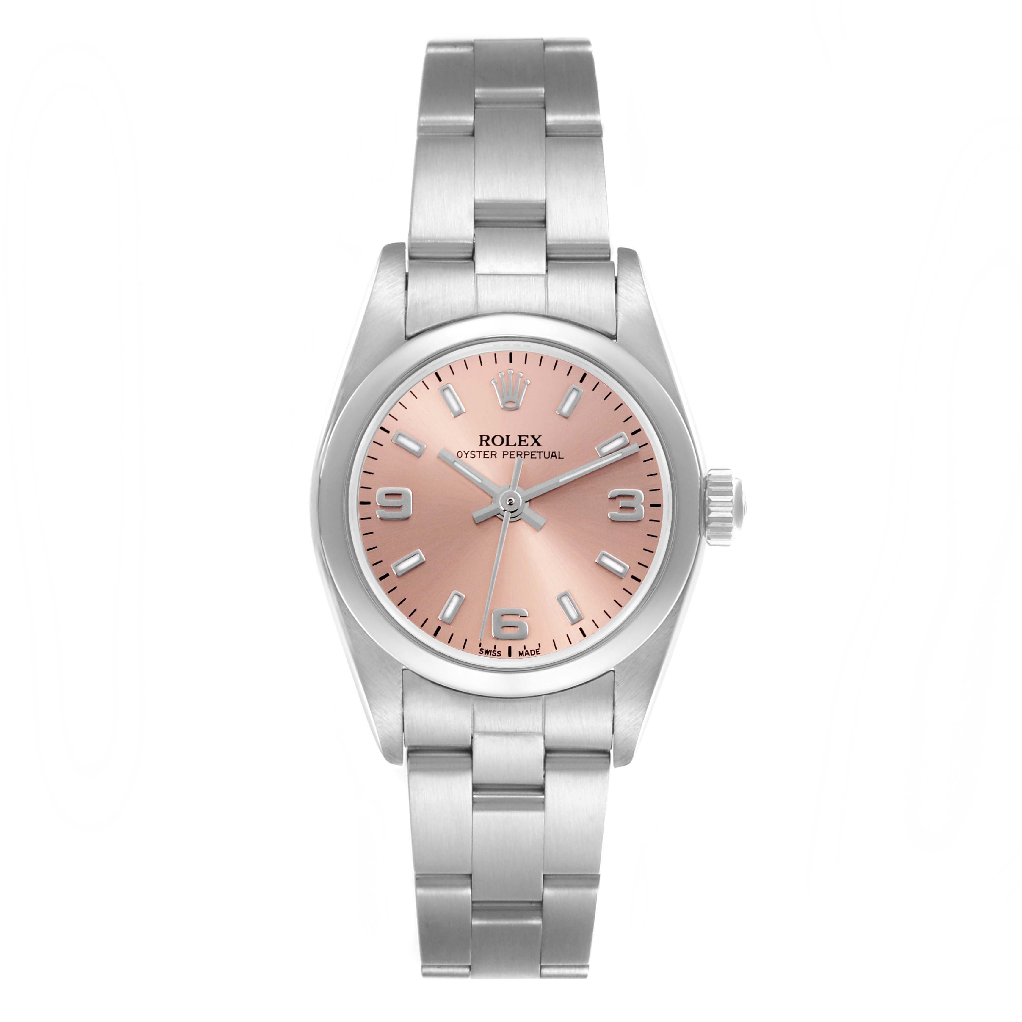 The Rolex Oyster Perpetual 76080 Women's Stainless Steel Pink Dial 76080 Women's Stainless Steel Pink Dial watch is shown from a front angle, highlighting the dial, bezel, and bracelet.