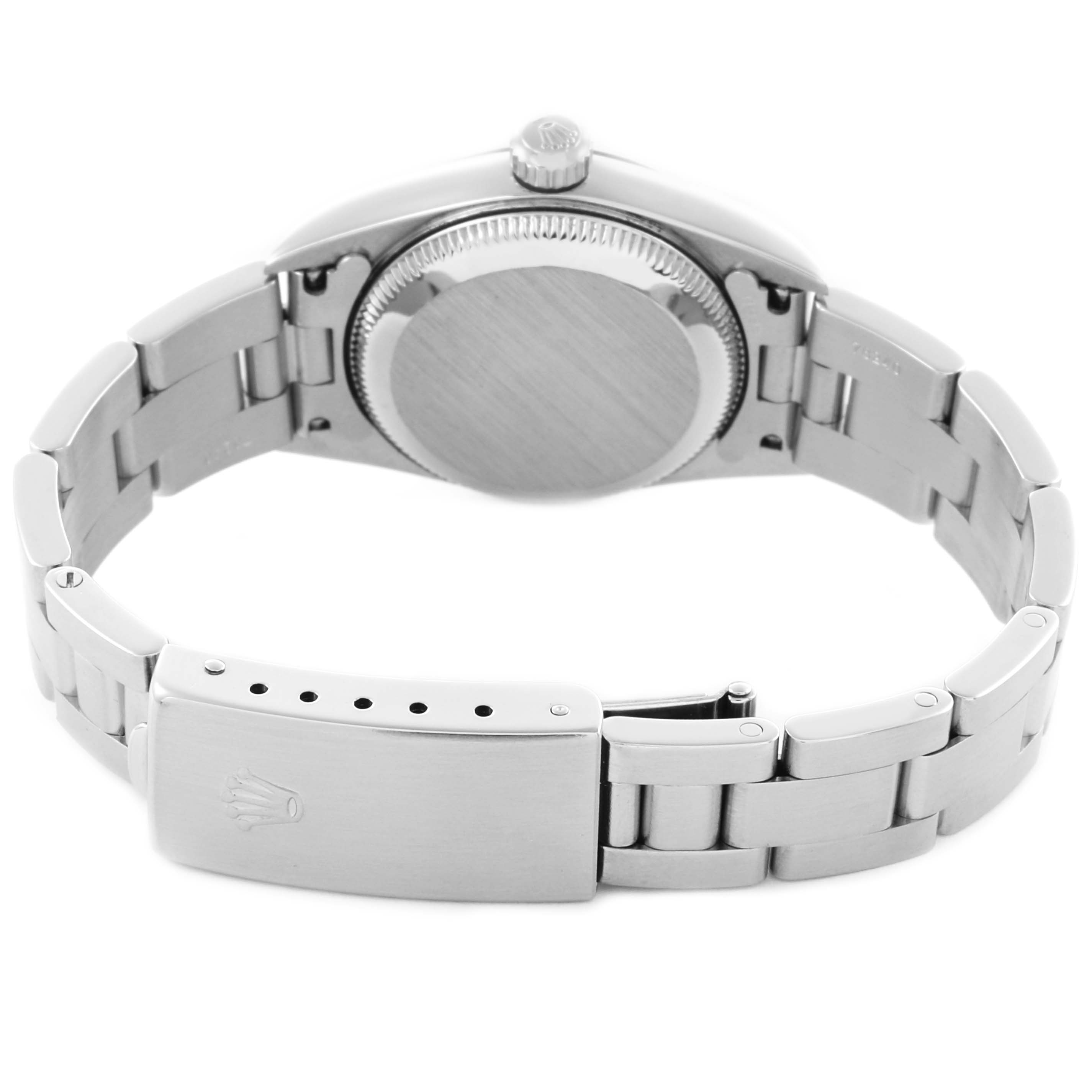 The image shows the back case and bracelet clasp of the Rolex Oyster Perpetual 76080 Women's Stainless Steel Pink Dial 76080 Women's Stainless Steel Pink Dial, viewed from the rear.