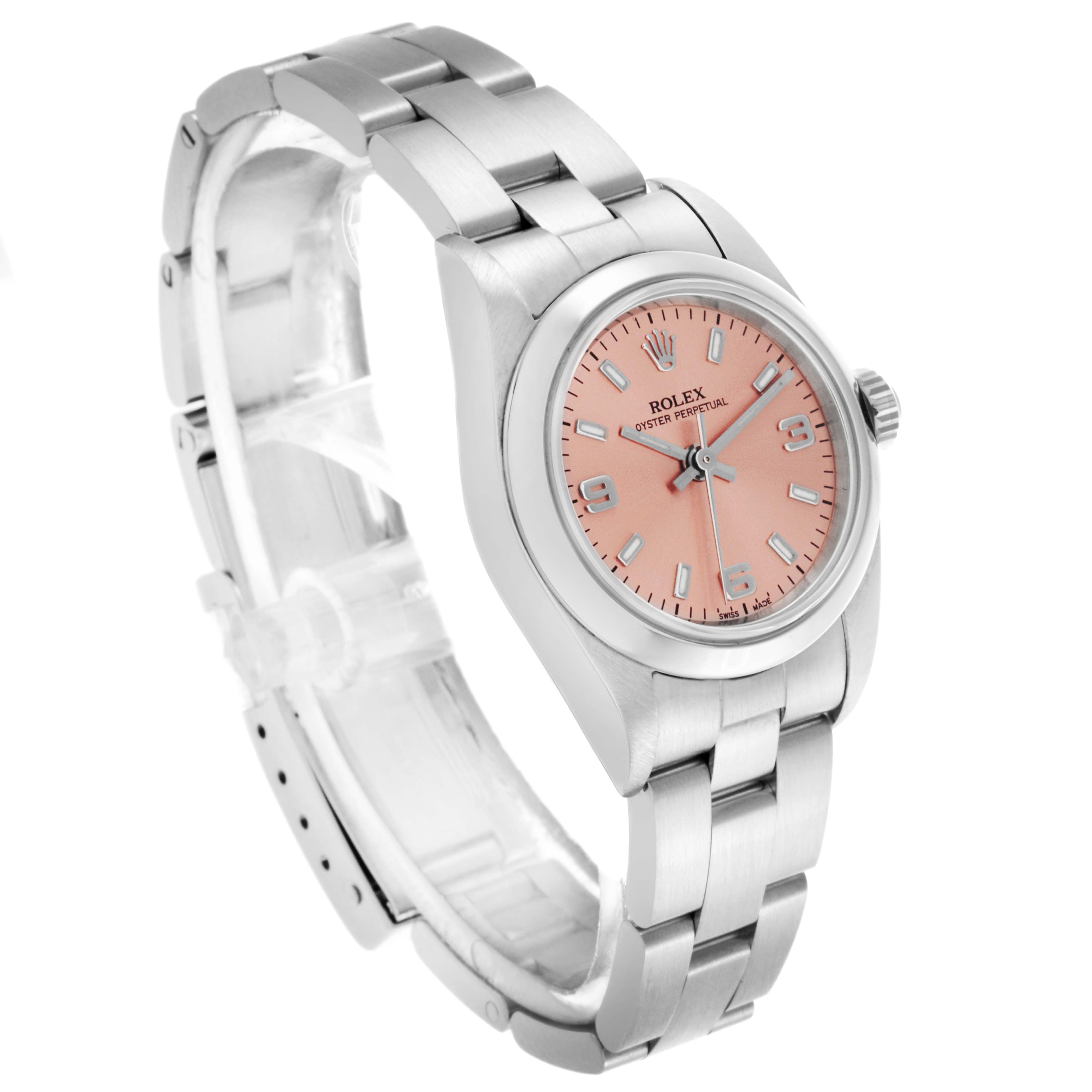 The Rolex Oyster Perpetual 76080 Women's Stainless Steel Pink Dial 76080 Women's Stainless Steel Pink Dial watch is shown at a three-quarter angle, highlighting the face, case, and bracelet.