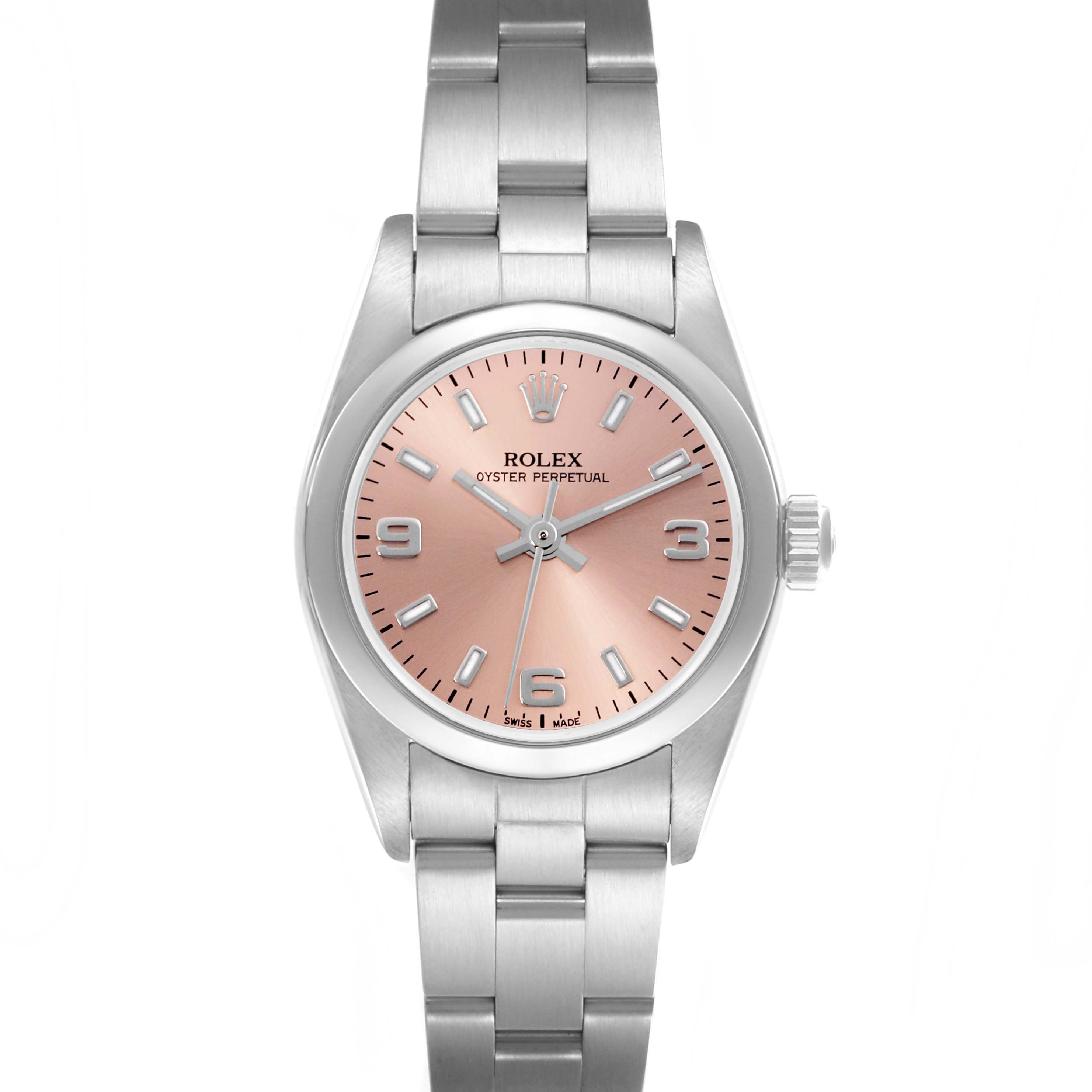 The Rolex Oyster Perpetual 76080 Women's Stainless Steel Pink Dial 76080 Women's Stainless Steel Pink Dial is shown from a front angle, displaying the dial, bezel, case, and bracelet.