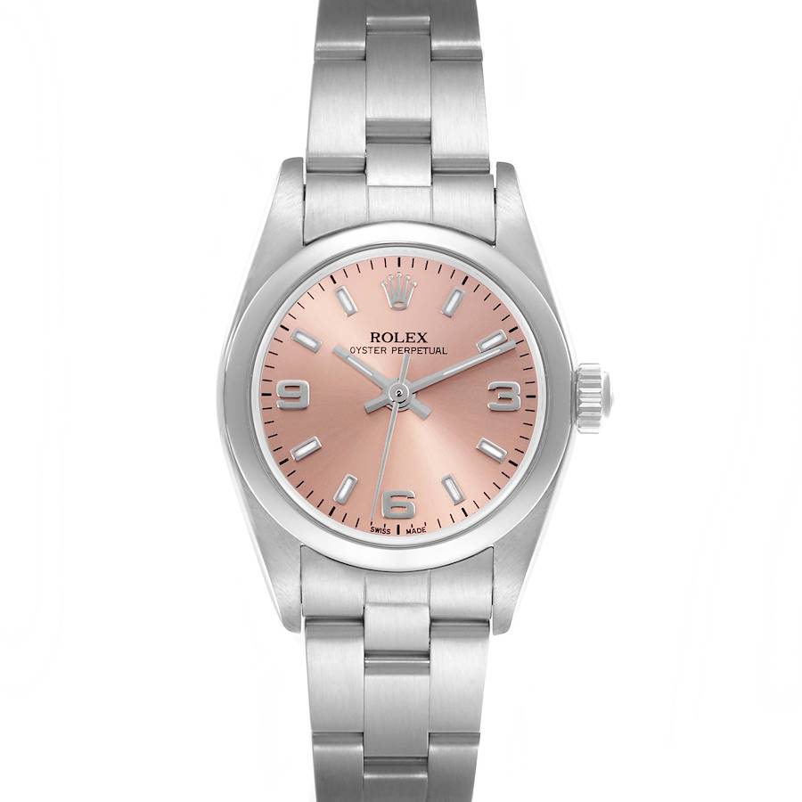 The Rolex Oyster Perpetual is shown from a front angle, displaying the dial, bezel, case, and bracelet.