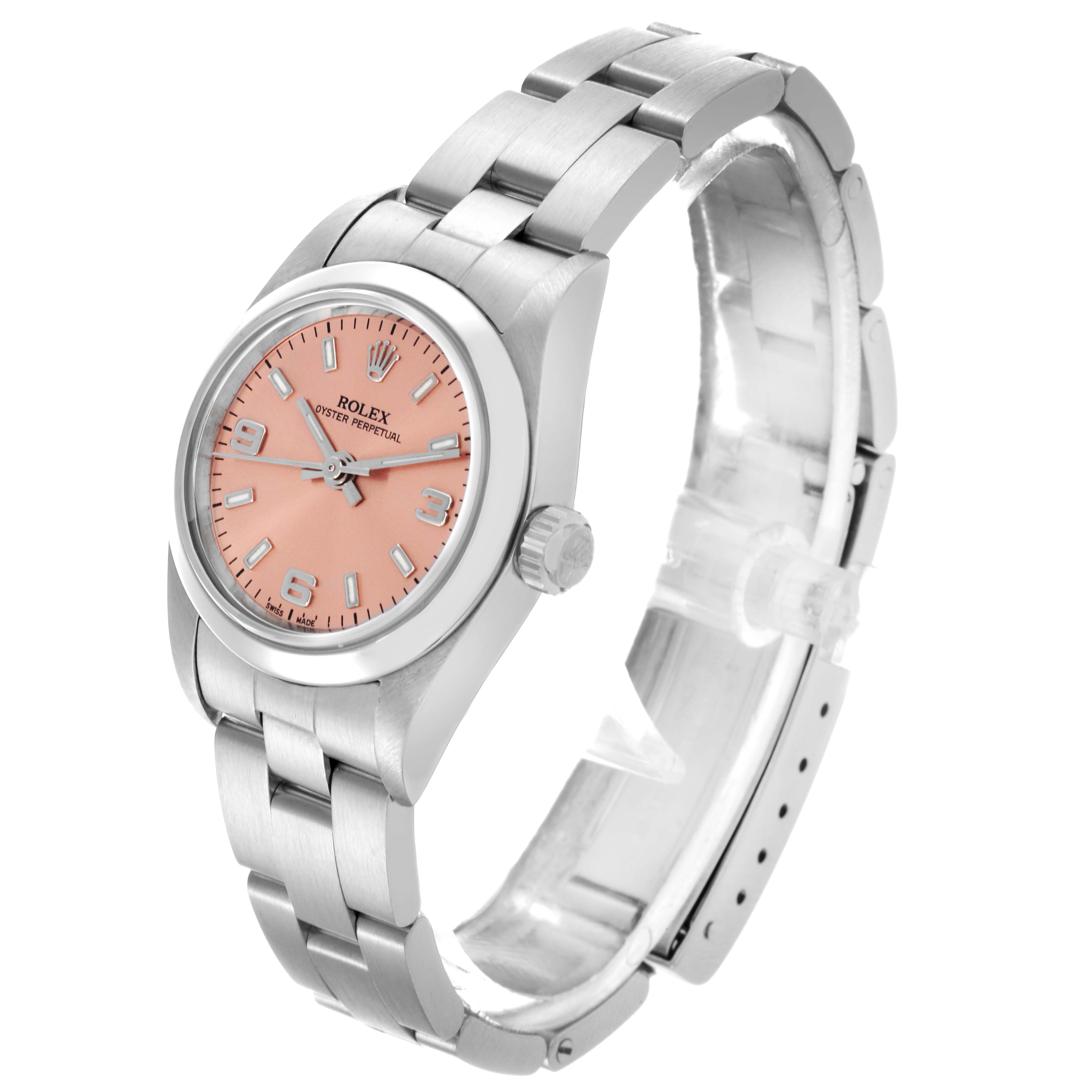 The Rolex Oyster Perpetual 76080 Women's Stainless Steel Pink Dial 76080 Women's Stainless Steel Pink Dial watch is shown from an angled top-left view, highlighting the face, bezel, crown, and bracelet.