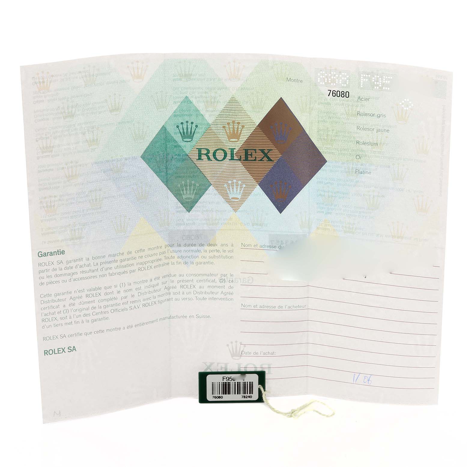 This image shows the warranty card and tag for a Rolex Oyster Perpetual 76080 Women's Stainless Steel Pink Dial 76080 Women's Stainless Steel Pink Dial model, viewed from the front.