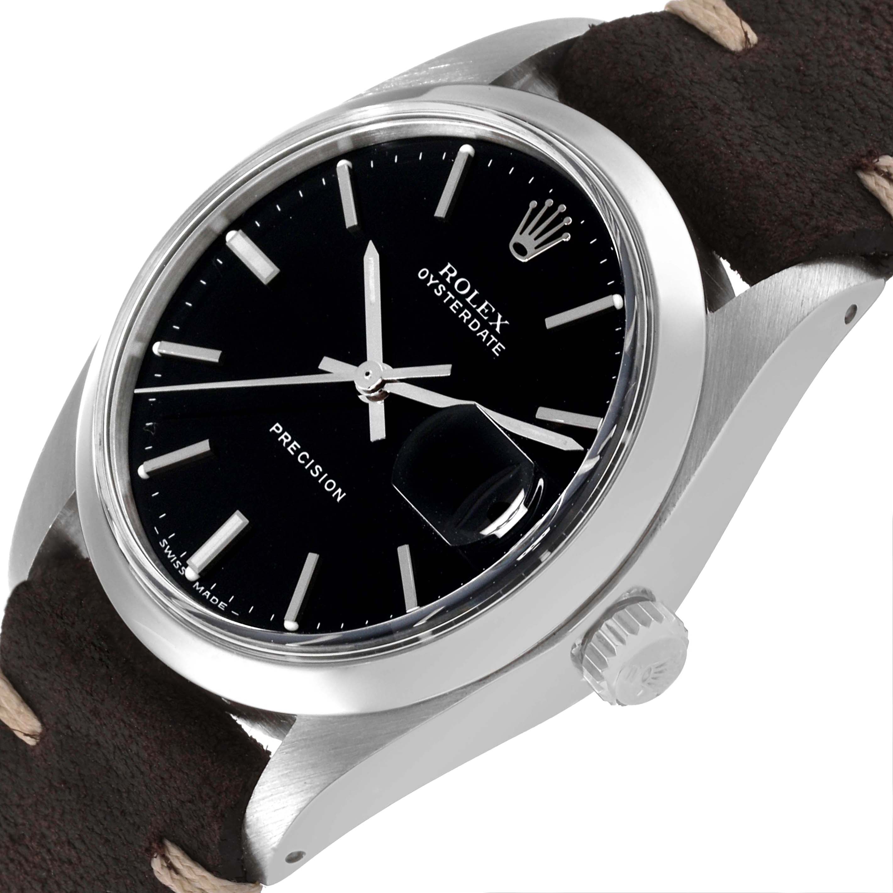 This image shows a close-up, angled view of the dial, case, and crown of the Rolex Vintage Collection 6694 Men's Stainless Steel Black Dial 6694 Men's Stainless Steel Black Dial Oysterdate model.