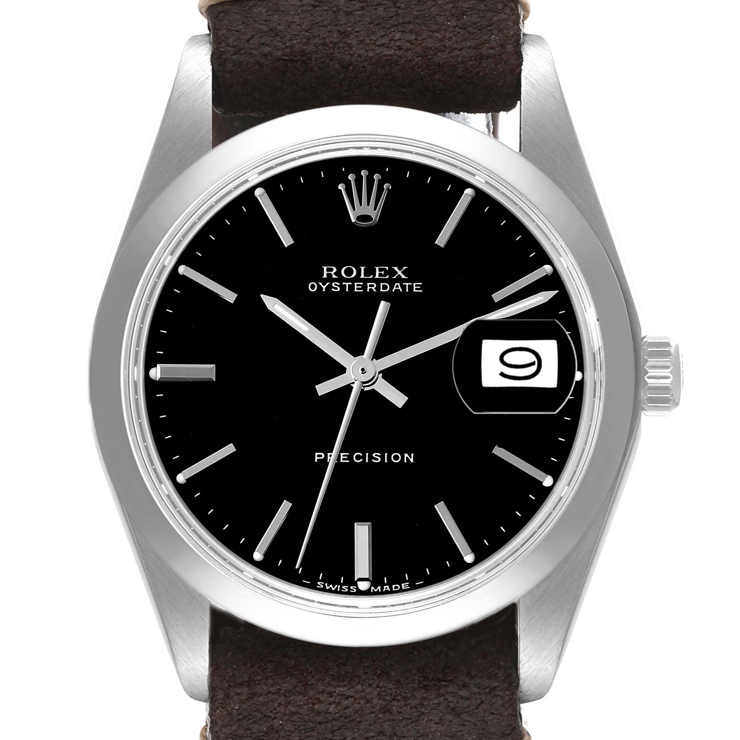 This is a Rolex Vintage Collection 6694 Men's Stainless Steel Black Dial 6694 Men's Stainless Steel Black Dial Oysterdate watch shown from a front view, displaying the dial, hands, crown, and strap.