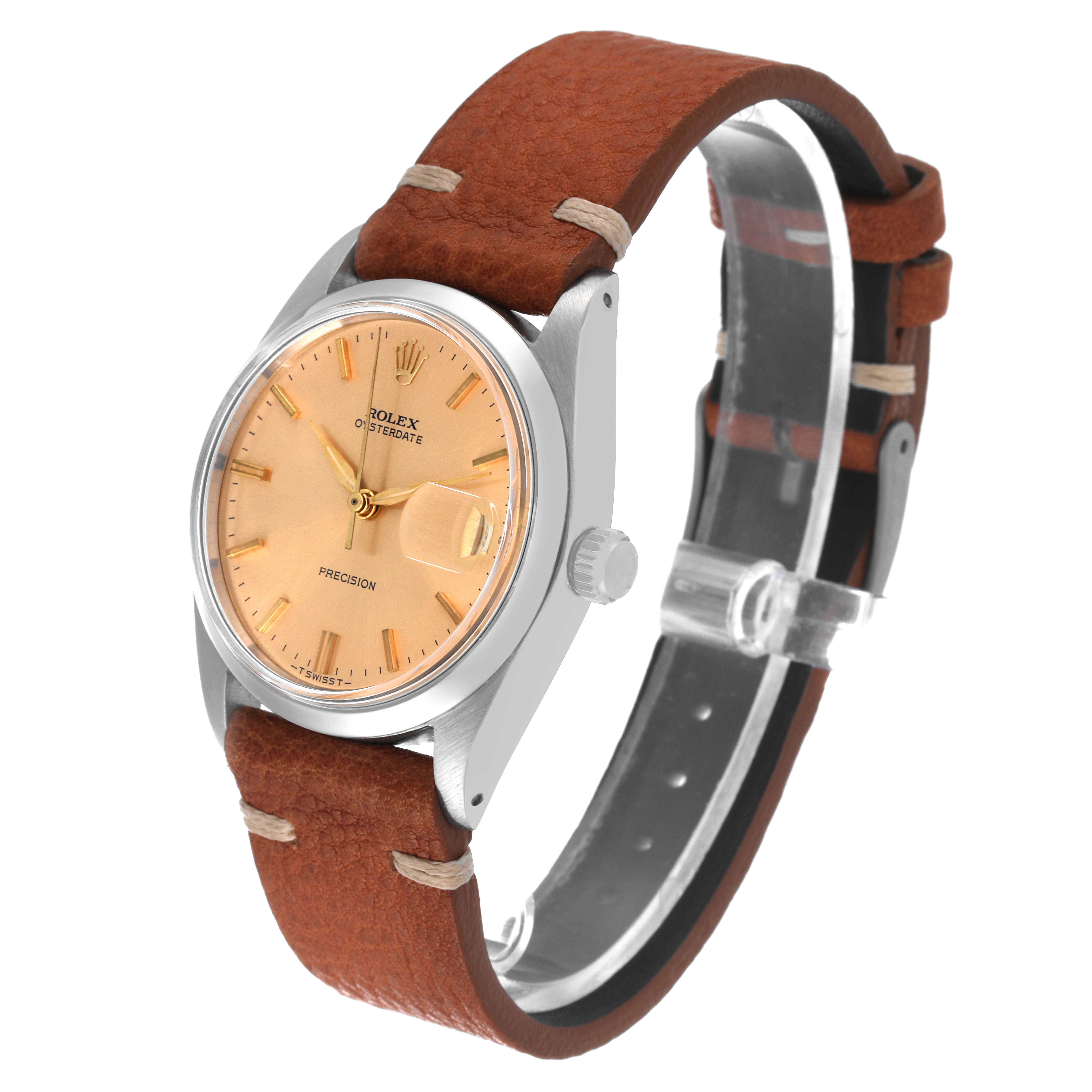 This image shows a Rolex Vintage Collection 6694 Men's Stainless Steel Brown Dial 6694 Men's Stainless Steel Brown Dial watch at a three-quarter angle, highlighting the dial, crown, and leather strap.