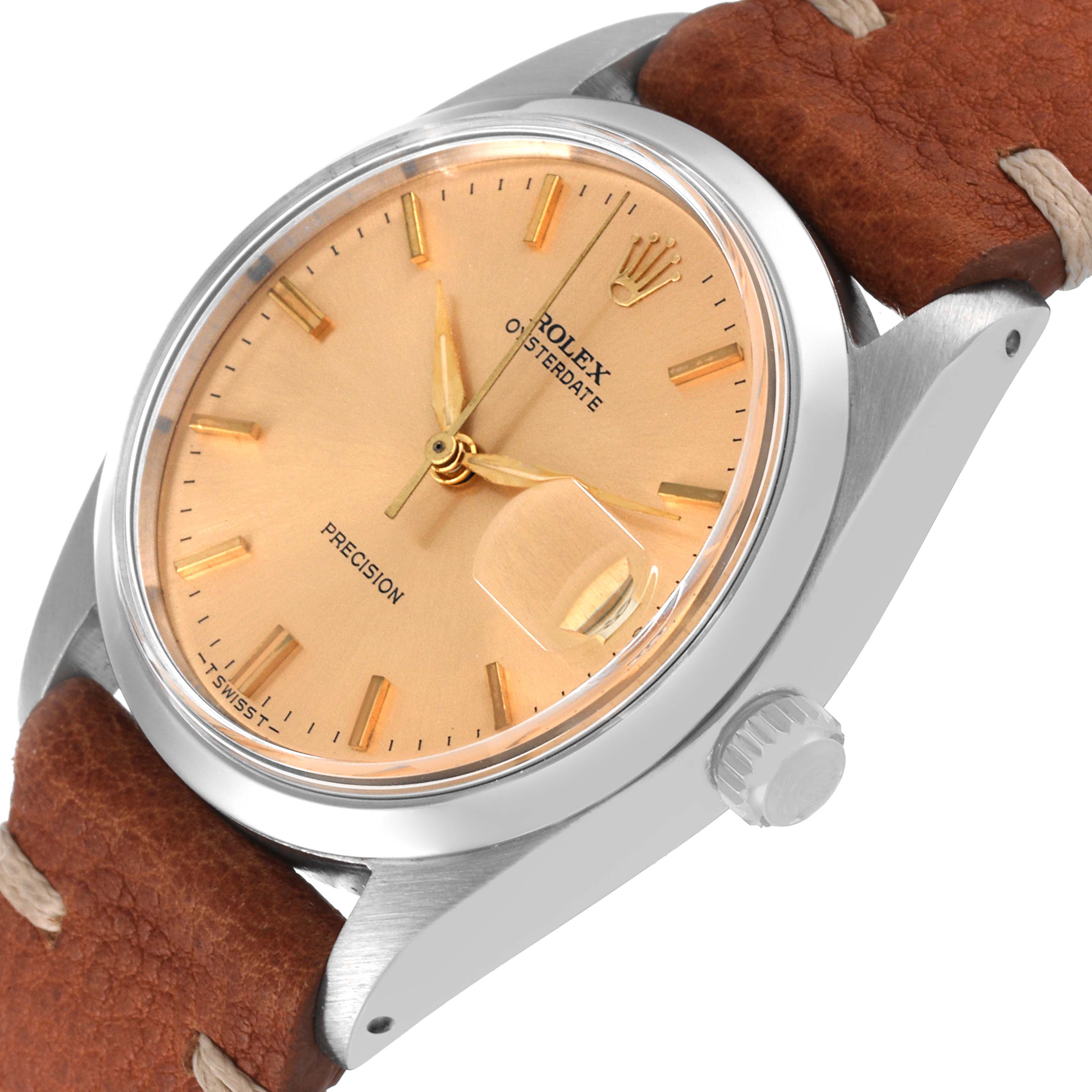 The Rolex Vintage Collection 6694 Men's Stainless Steel Brown Dial 6694 Men's Stainless Steel Brown Dial model is shown at a slight angle, featuring the dial, crown, and part of the leather strap.