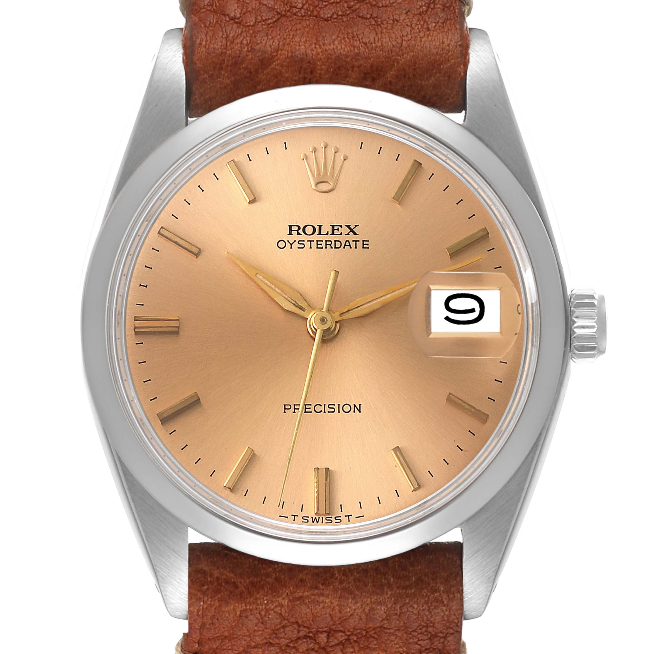 The image shows a frontal view of a Rolex Vintage Collection 6694 Men's Stainless Steel Brown Dial 6694 Men's Stainless Steel Brown Dial Oysterdate watch with a brown leather strap and a date display.