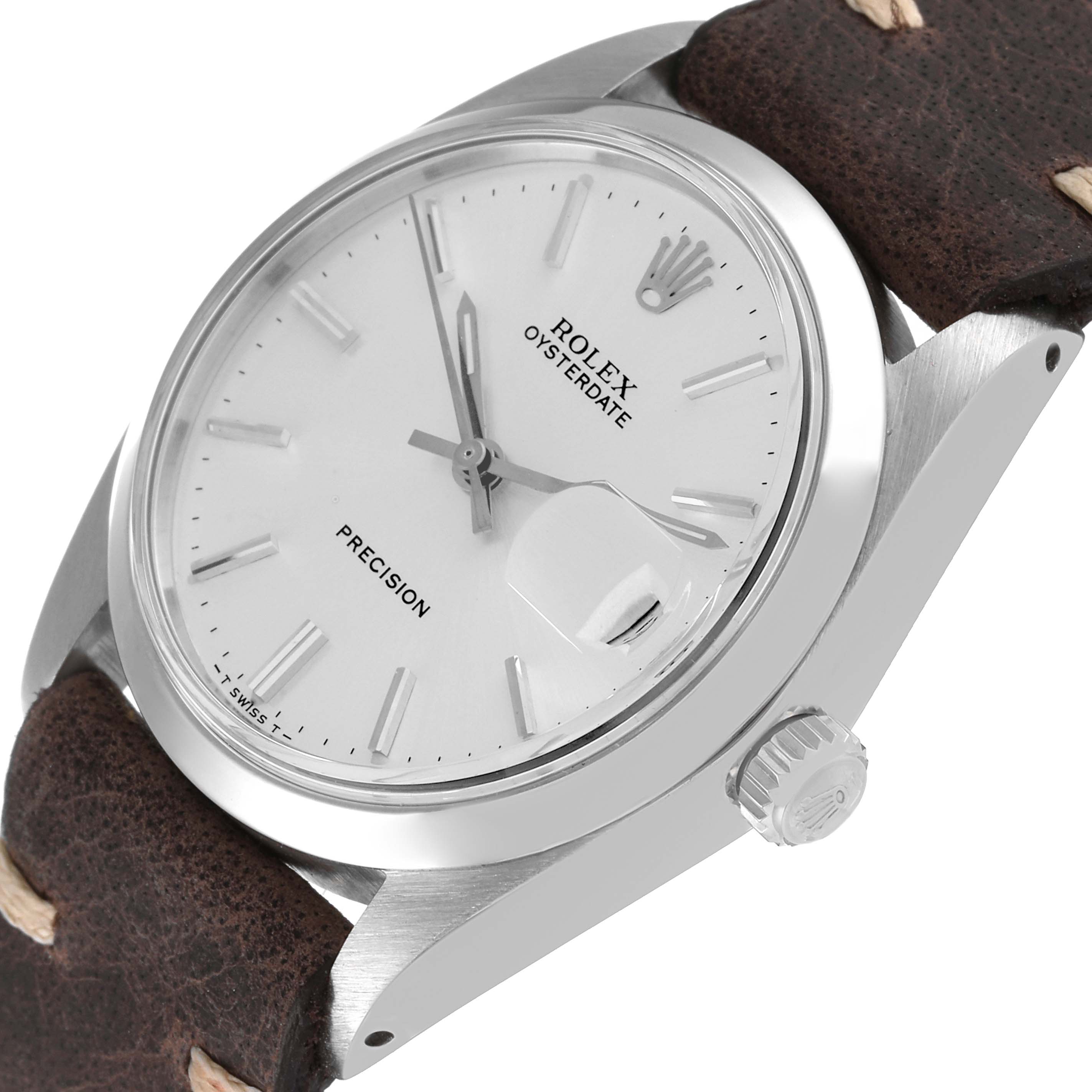 This image shows a Rolex Vintage Collection 6694 Men
s Stainless Steel Silver Dial 6694 Men
s Stainless Steel Silver Dial Oysterdate model watch at a slight angle, highlighting the face, bezel, crown, and leather strap.