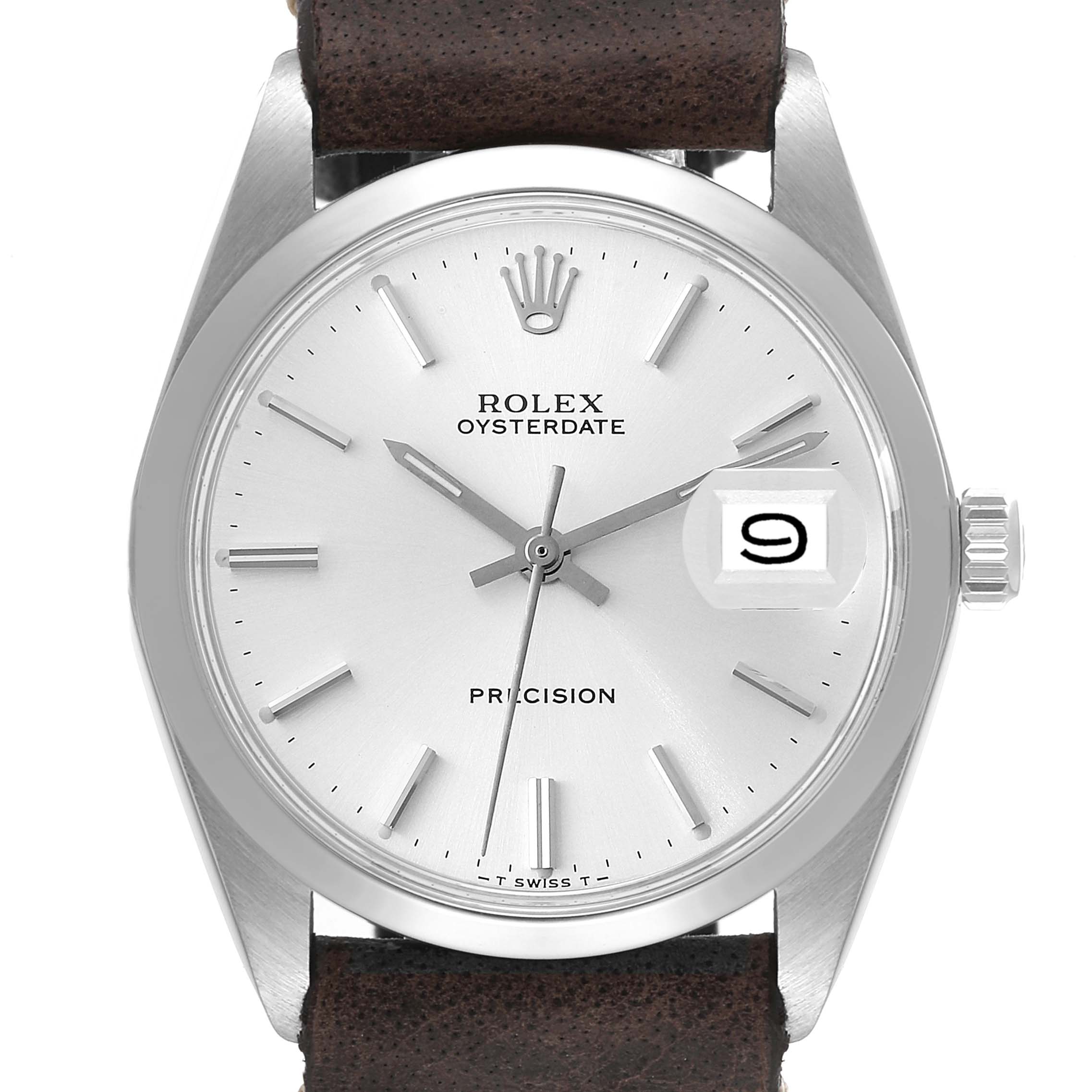 The image shows a front view of the Rolex Vintage Collection 6694 Men
s Stainless Steel Silver Dial 6694 Men
s Stainless Steel Silver Dial Oysterdate watch with a brown leather strap.