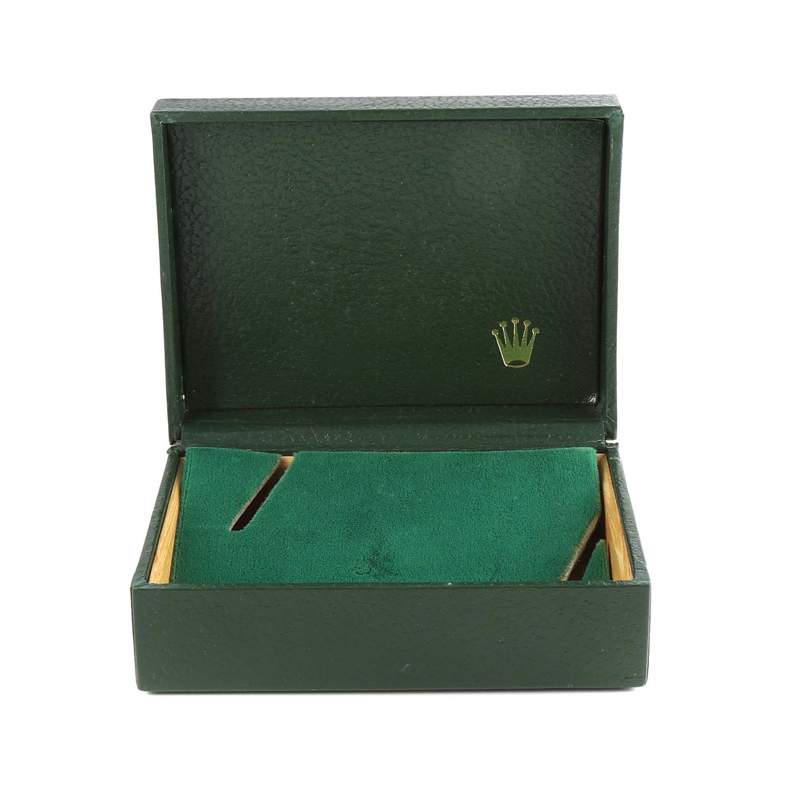 This image depicts an empty green-box case for the Rolex Oysterquartz 17013 Men's Steel and Gold (two tone) Champagne Dial 17013 Men's Steel and Gold (two tone) Champagne Dial, showcasing the open interior.