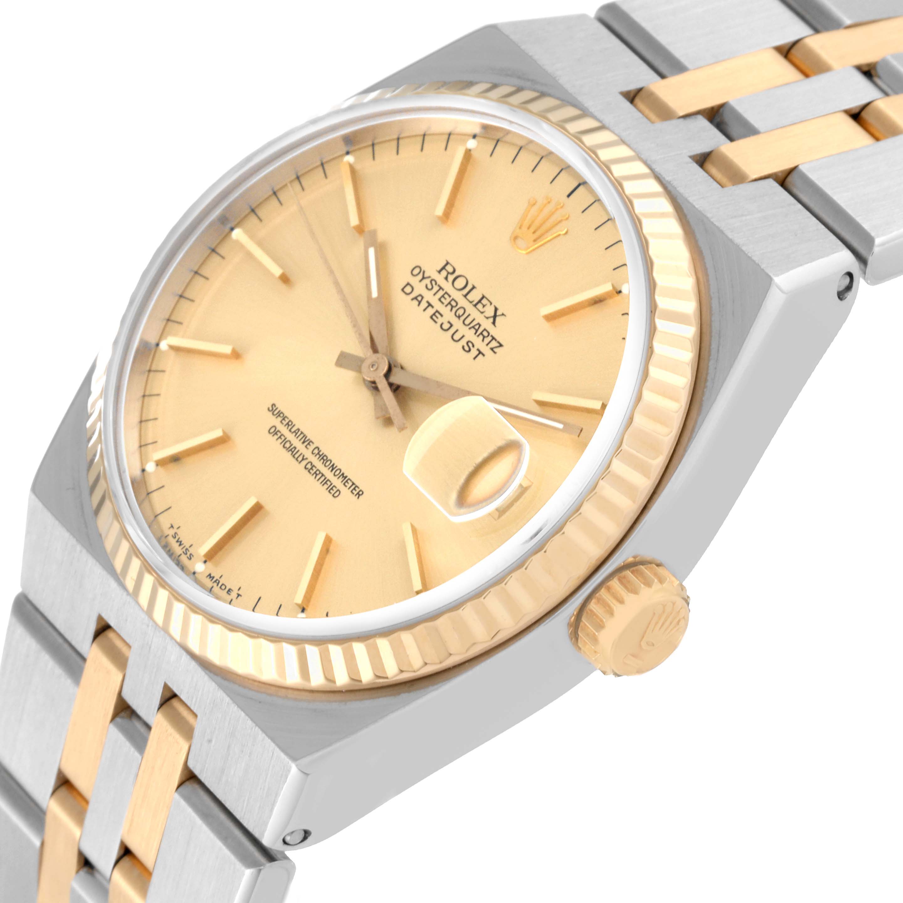 The image shows a close-up view of the Rolex Oysterquartz 17013 Men's Steel and Gold (two tone) Champagne Dial 17013 Men's Steel and Gold (two tone) Champagne Dial watch at an oblique angle, highlighting the dial, bezel, case, crown, and part of the bracelet.