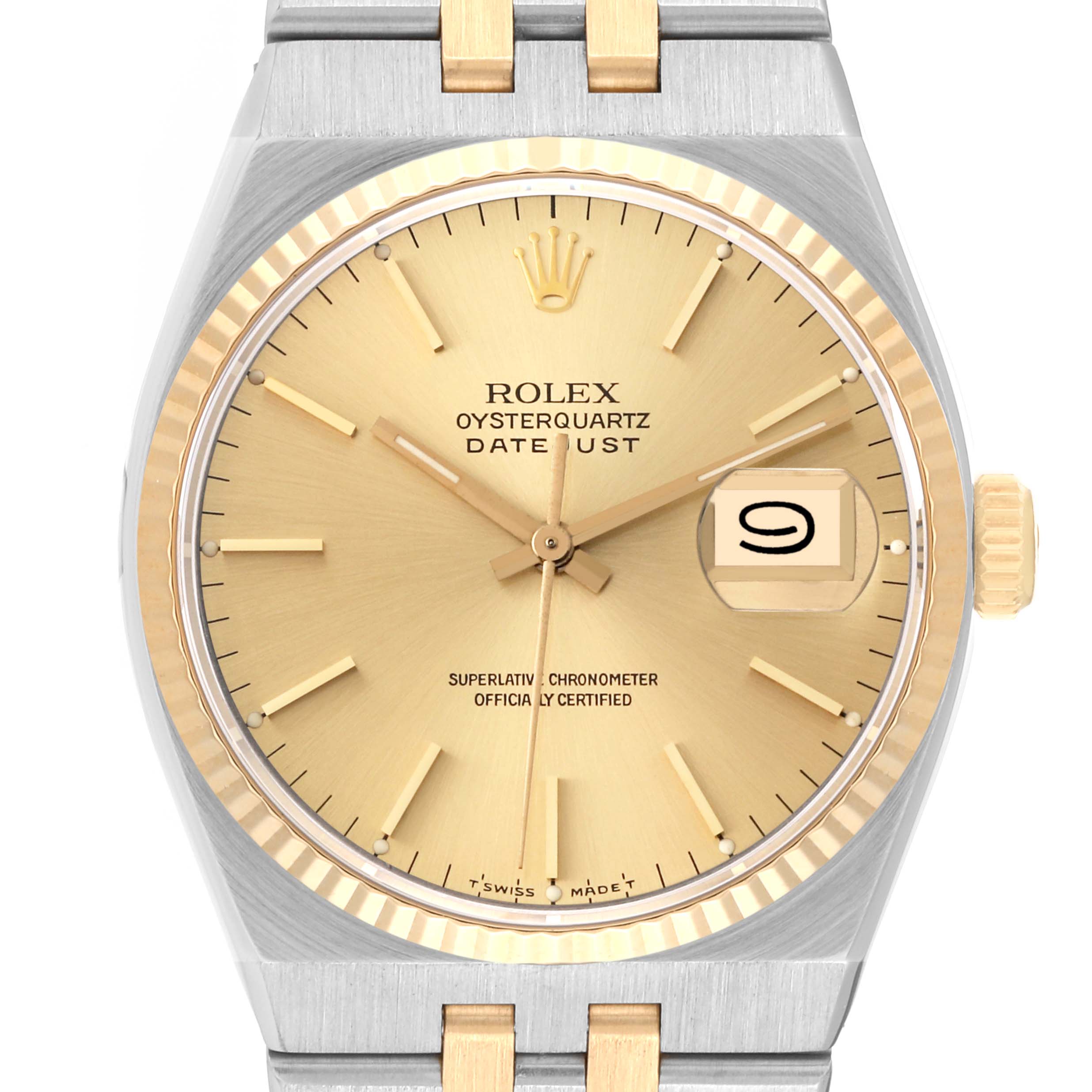 The image shows a close-up of the face and partial bracelet of a Rolex Oysterquartz 17013 Men's Steel and Gold (two tone) Champagne Dial 17013 Men's Steel and Gold (two tone) Champagne Dial Datejust watch.