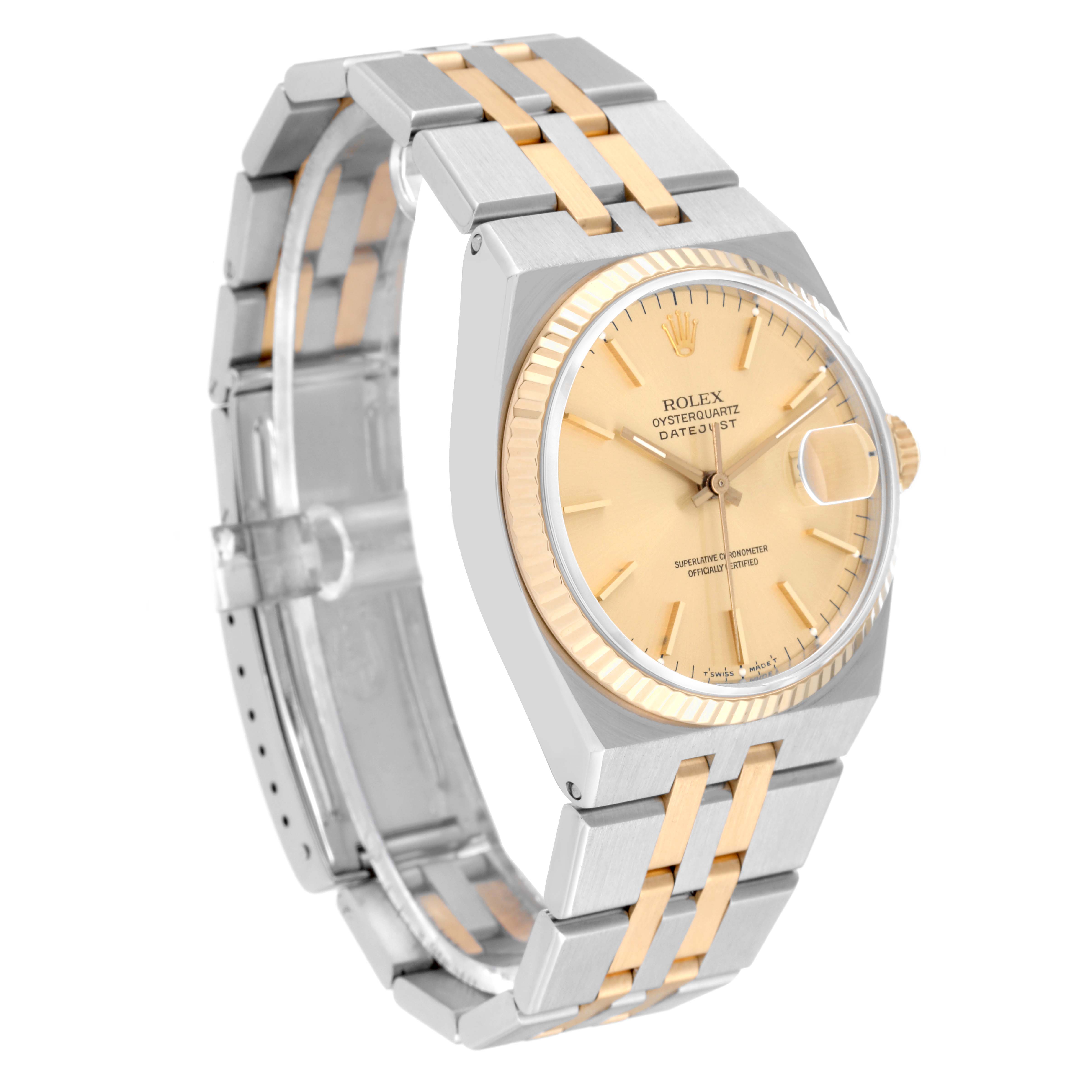This image shows a Rolex Oysterquartz 17013 Men's Steel and Gold (two tone) Champagne Dial 17013 Men's Steel and Gold (two tone) Champagne Dial watch from a three-quarter angle, highlighting the dial, bracelet, and crown.