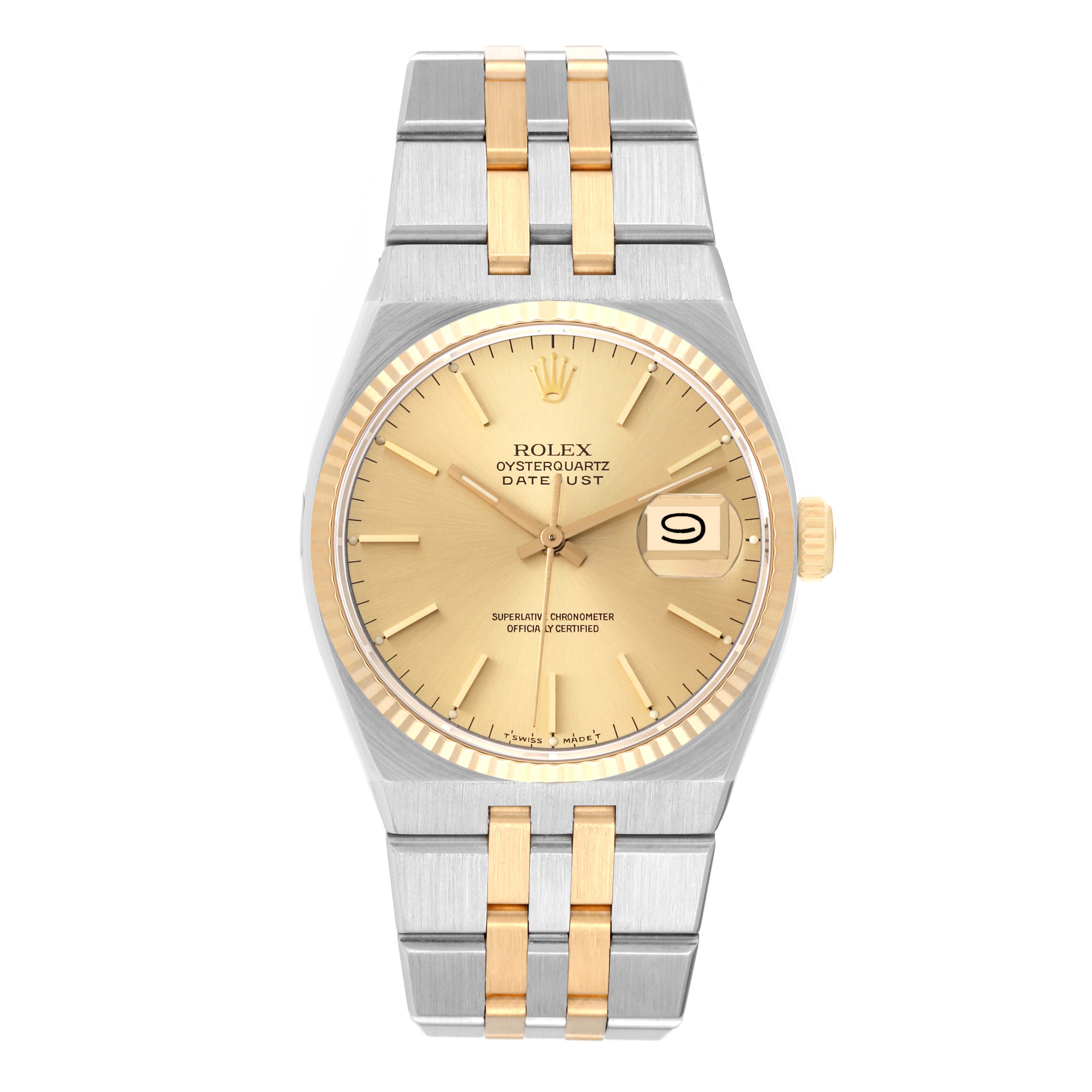 The Rolex Oysterquartz 17013 Men's Steel and Gold (two tone) Champagne Dial 17013 Men's Steel and Gold (two tone) Champagne Dial model is shown from a top-down angle, displaying the watch face, bezel, and bracelet.