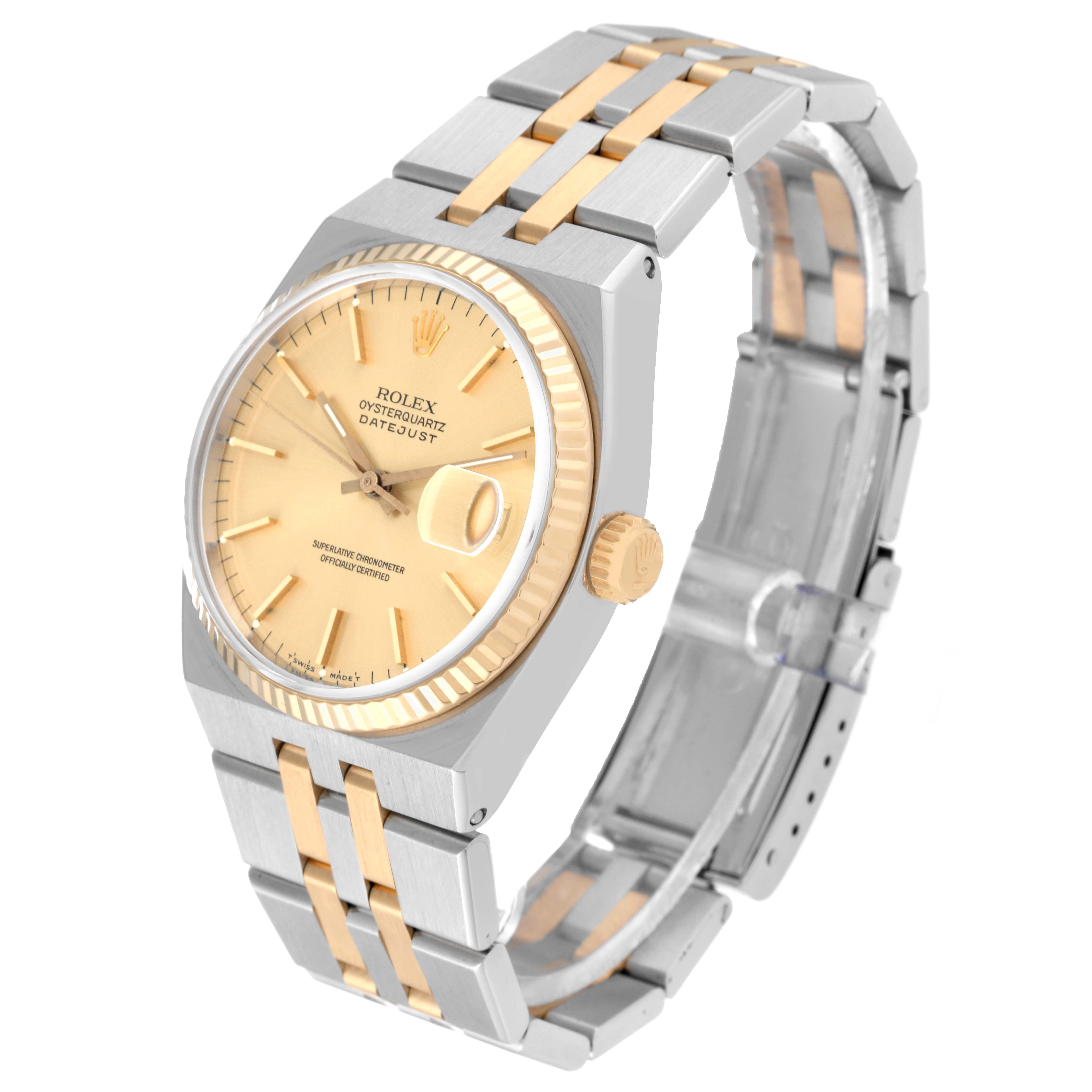 The Rolex Oysterquartz 17013 Men's Steel and Gold (two tone) Champagne Dial 17013 Men's Steel and Gold (two tone) Champagne Dial model is shown at an angled view, highlighting its dial, bezel, crown, and two-tone bracelet.