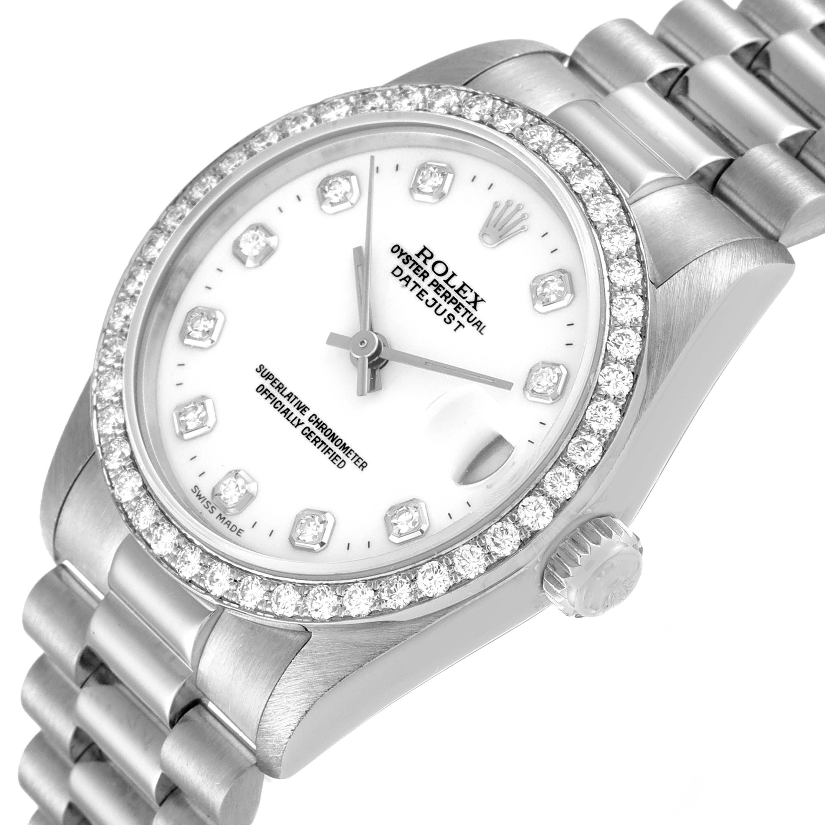 This image shows the Rolex President 68289 Women's White Gold White Dial 68289 Women's White Gold White Dial model watch from an angled top-down view, highlighting the dial, bezel, and bracelet.