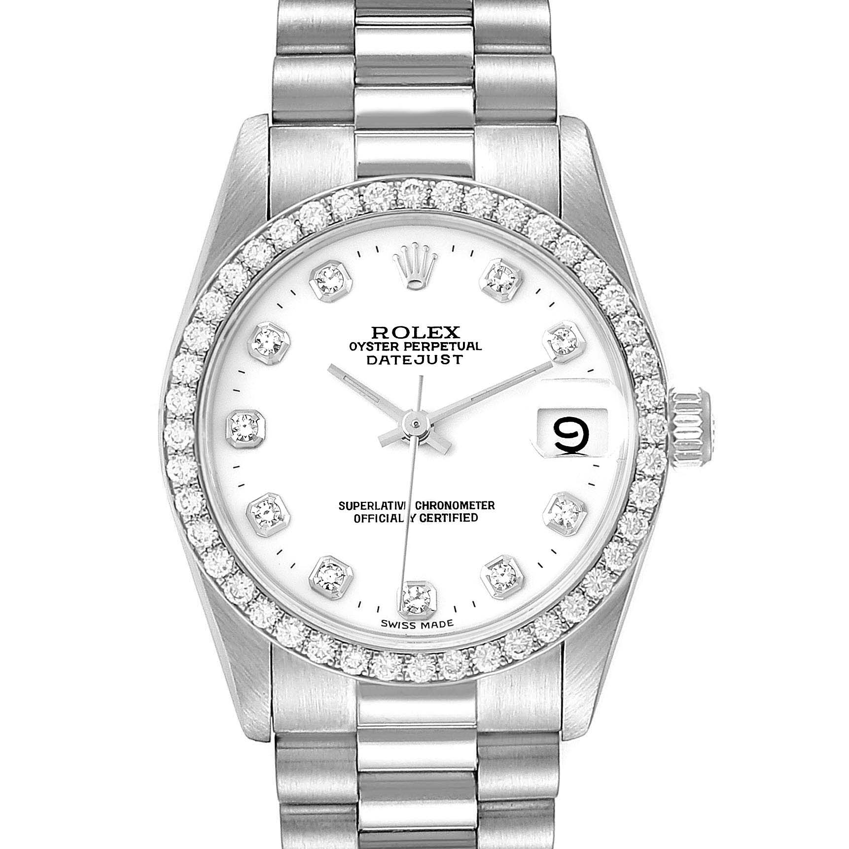The Rolex President 68289 Women's White Gold White Dial 68289 Women's White Gold White Dial model watch is shown from the front, highlighting its white dial, diamond indices, fluted bezel, and metal bracelet.