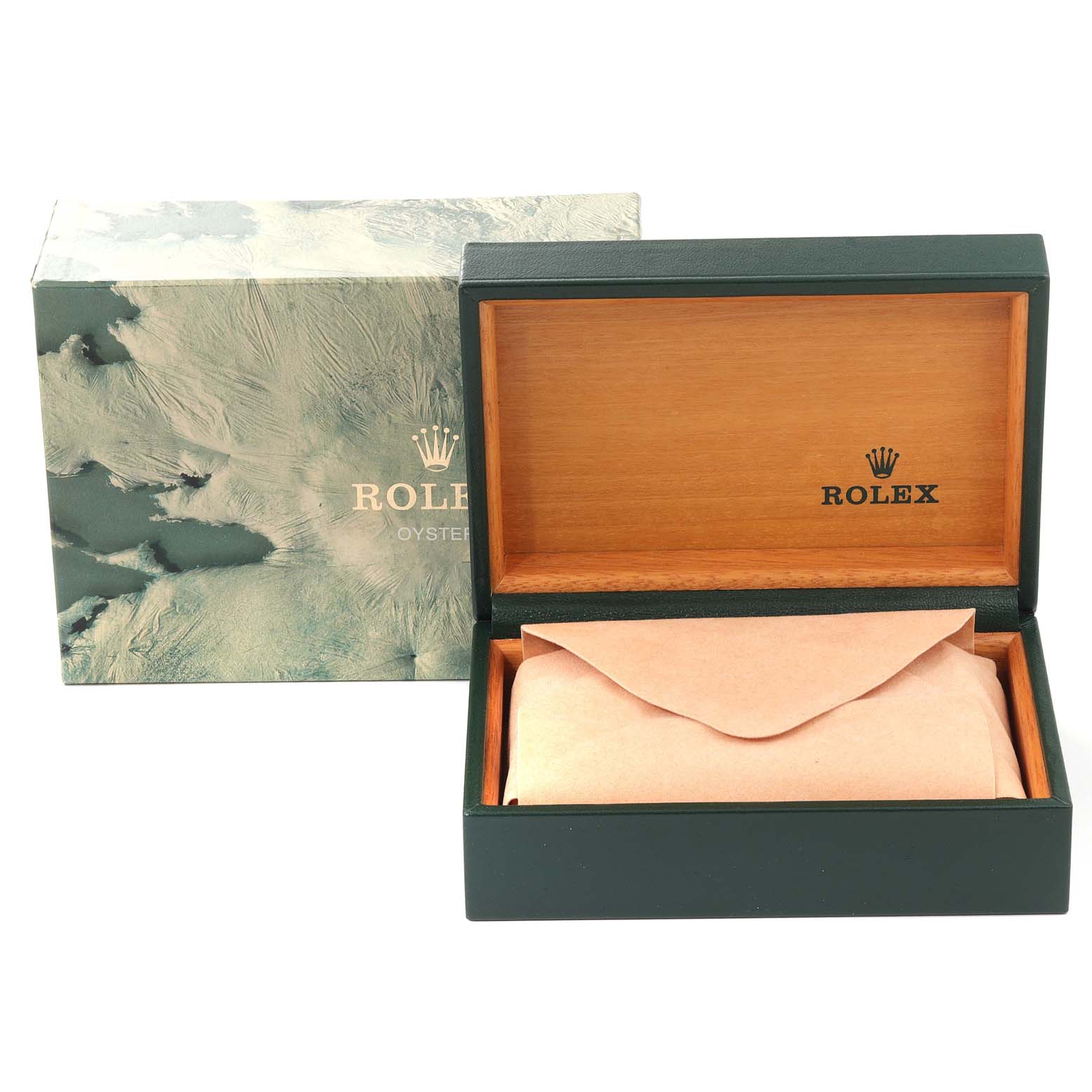 The image shows the open packaging box for a Rolex President 68289 Women's White Gold White Dial 68289 Women's White Gold White Dial model, featuring the inner and outer box with the Rolex logo.