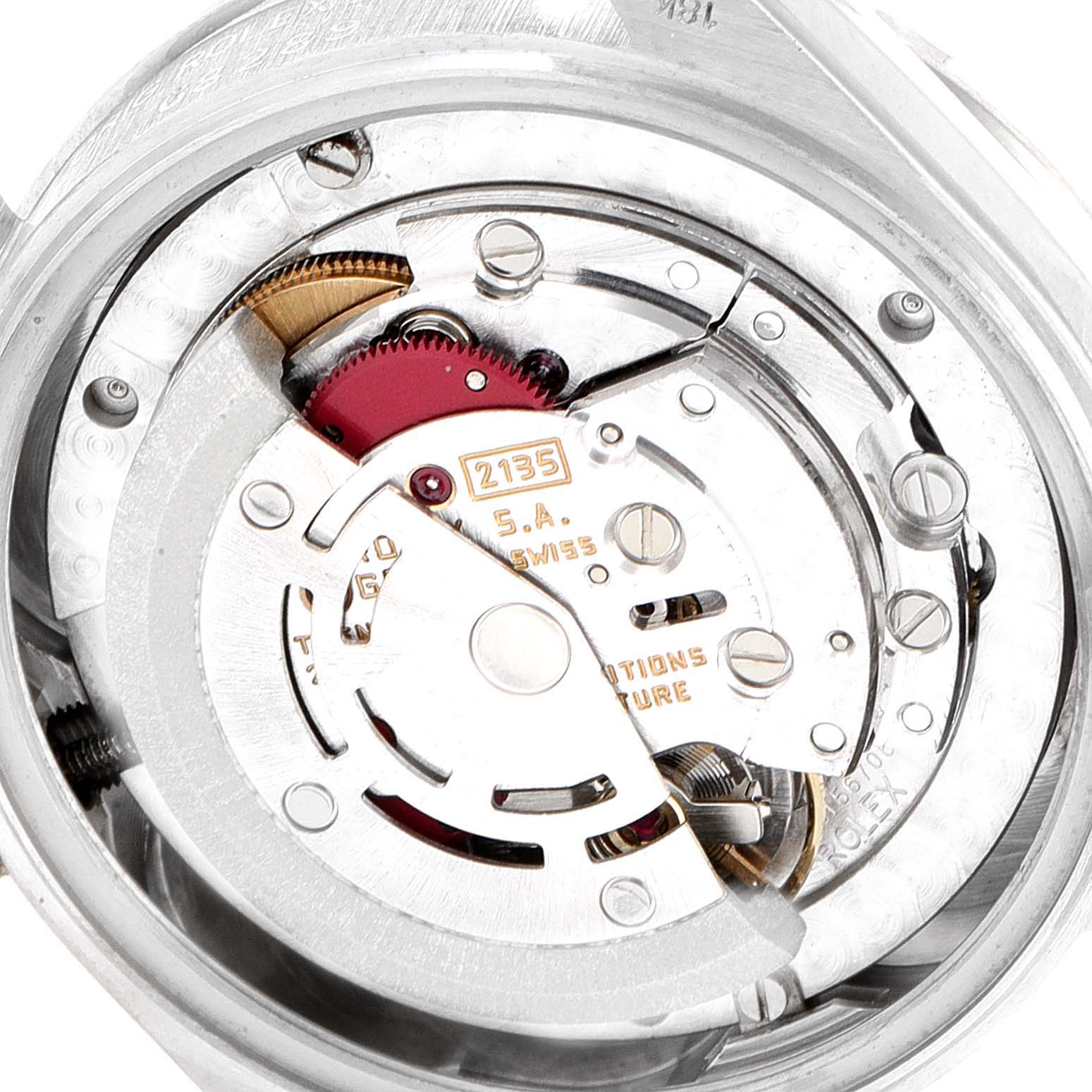This image shows the intricate internal mechanism of a Rolex President 68289 Women's White Gold White Dial 68289 Women's White Gold White Dial model watch, viewed from the back.