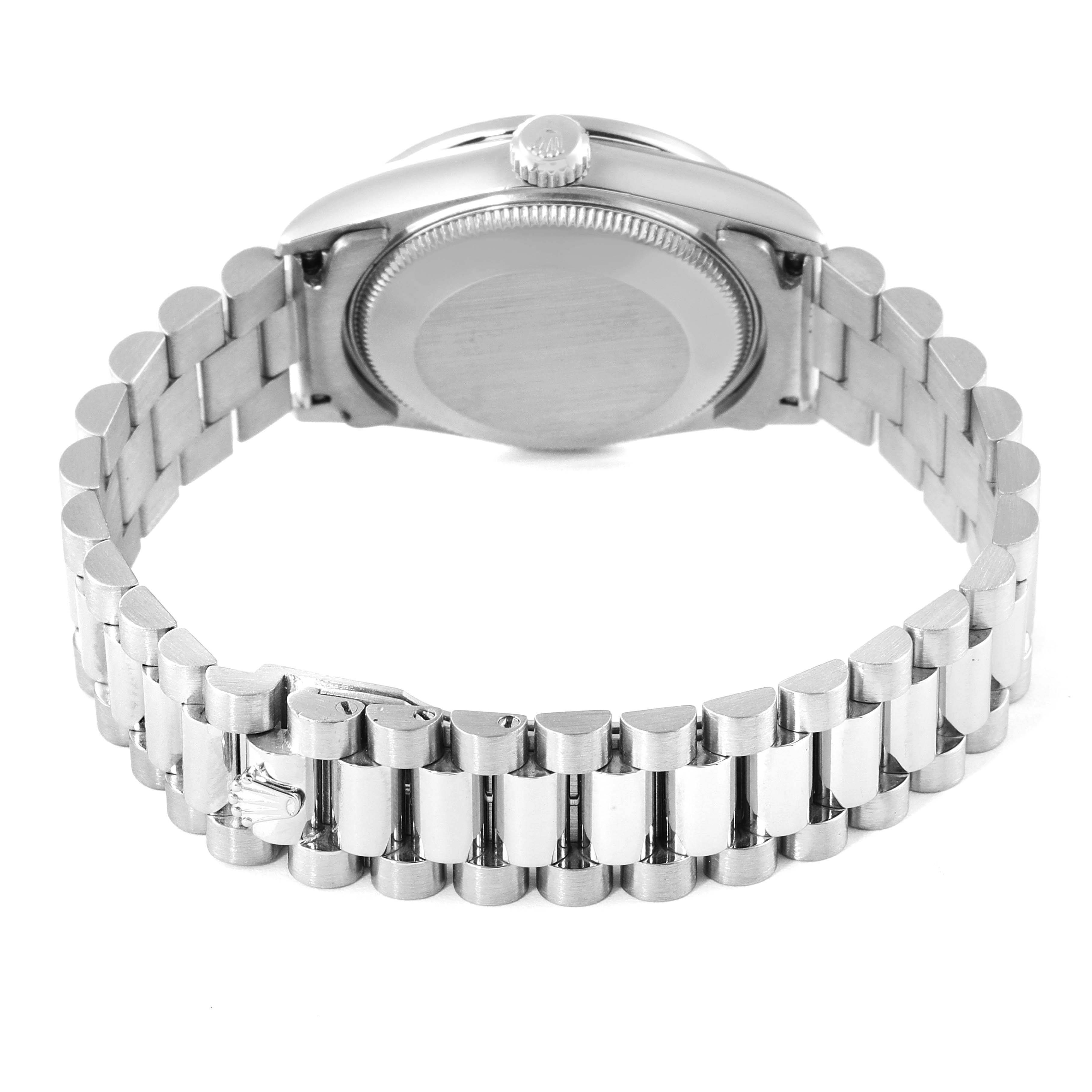 This image shows a rear view of the Rolex President 68289 Women's White Gold White Dial 68289 Women's White Gold White Dial model watch, highlighting the bracelet and closed case back.